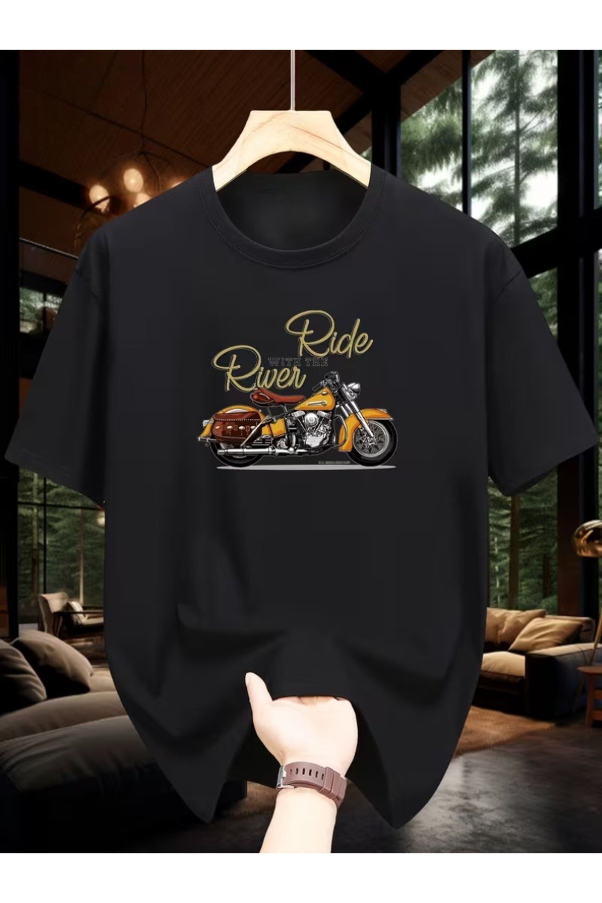 Unisex Motorbisiklet Baskı Basic Bisiklet Yaka Regular T-shirt