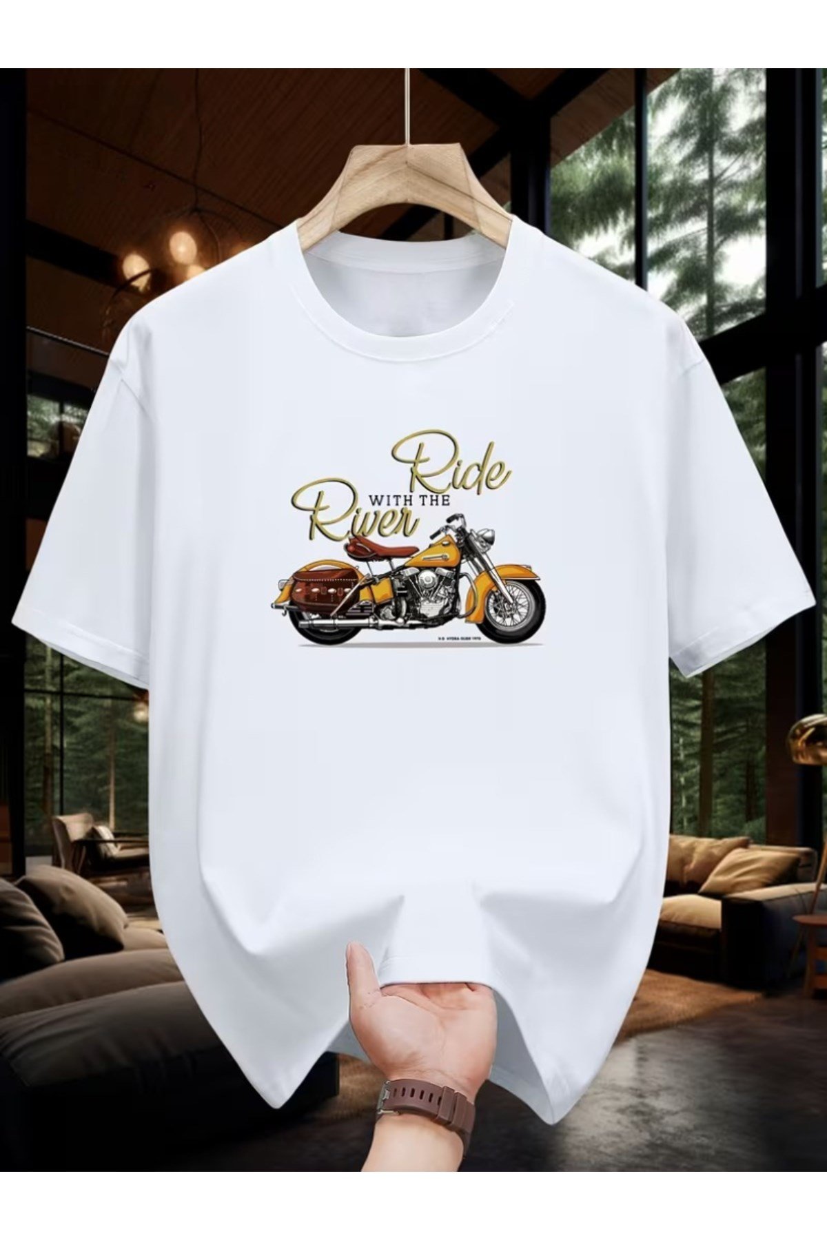 Unisex Motorbisiklet Baskı Basic Bisiklet Yaka Regular T-shirt