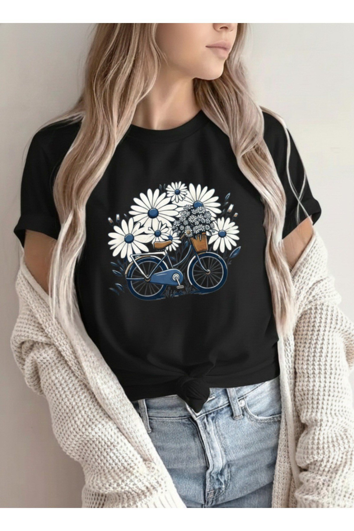 Unisex Papatya Bisiklet Tasarımlı Basic Bisiklet Yaka Regular T-shirt %100 Pamuk