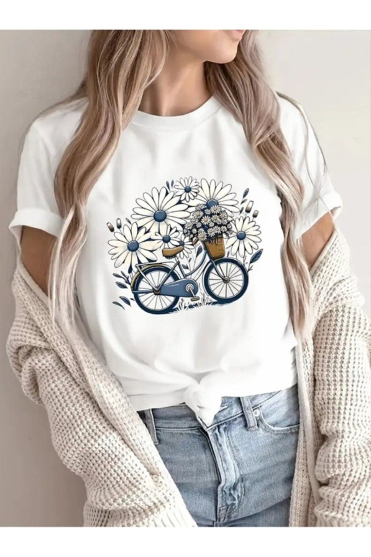 Unisex Papatya Bisiklet Tasarımlı Basic Bisiklet Yaka Regular T-shirt %100 Pamuk