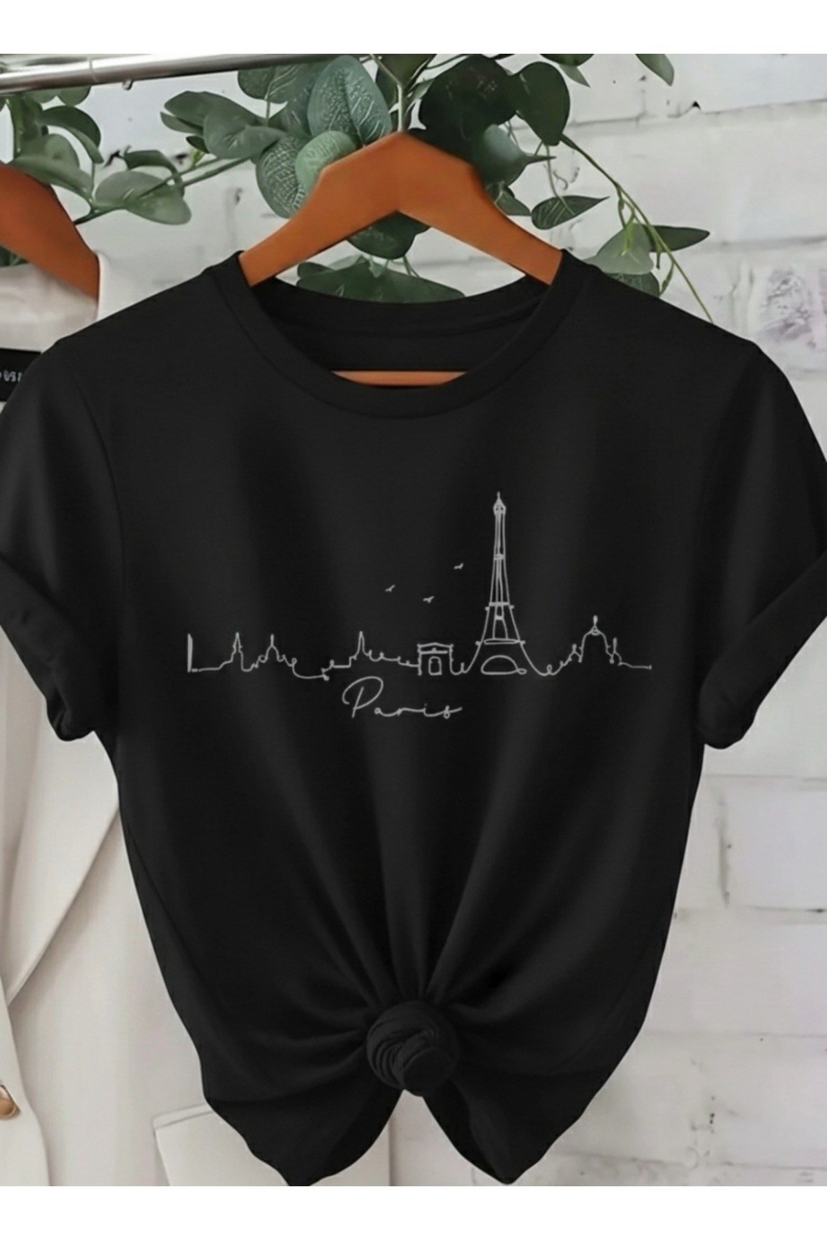 Unisex Paris Baskılı Eiffel Tower Detaylı Basic Bisiklet Yaka Regular T-shirt %100 Pamuk