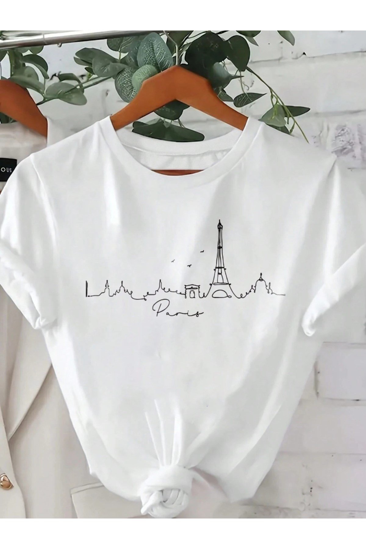 Unisex Paris Baskılı Eiffel Tower Detaylı Basic Bisiklet Yaka Regular T-shirt %100 Pamuk