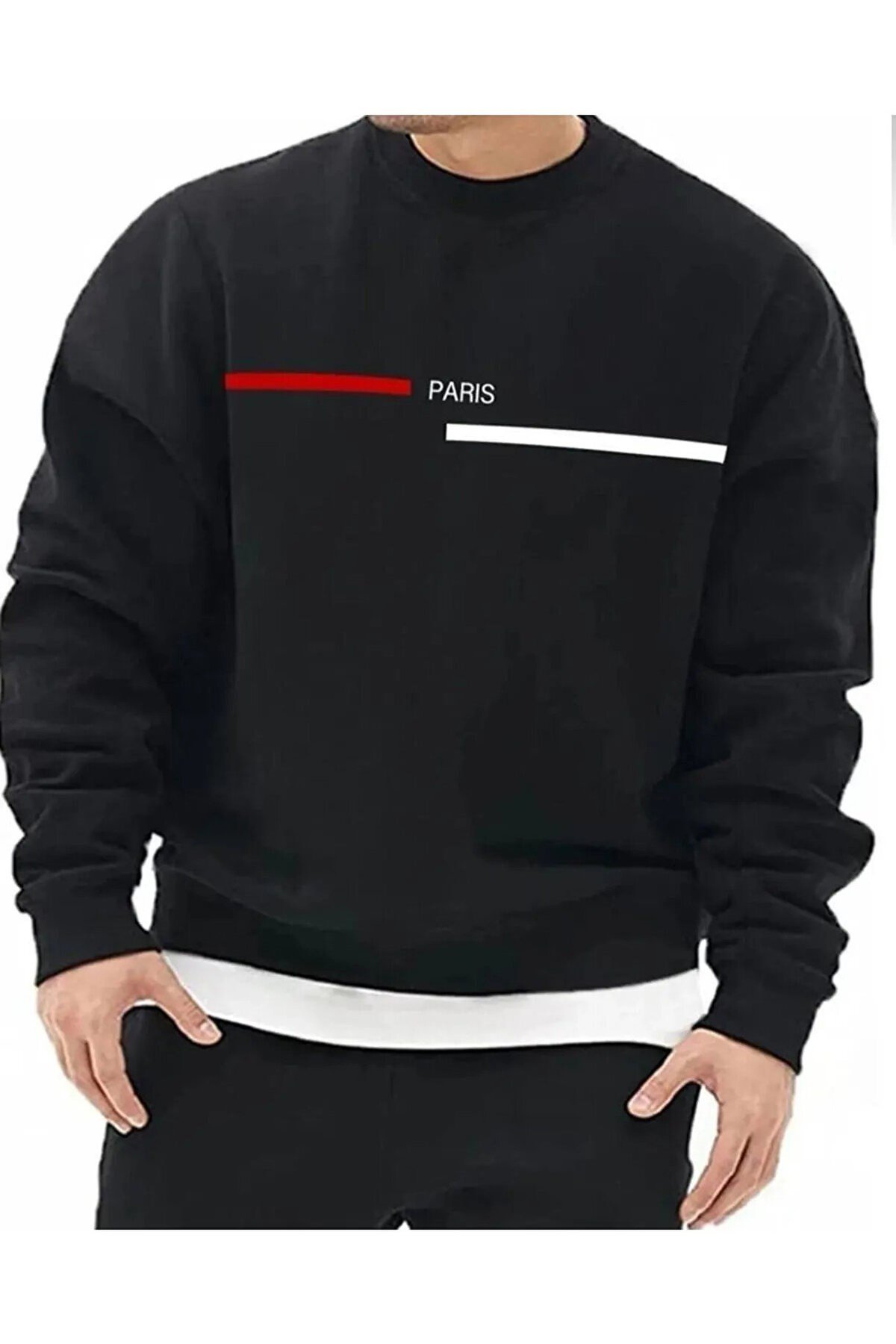 Unisex Paris Şerit Baskılı Sıfır Yaka Regular Sweatshirt %100 Pamuk