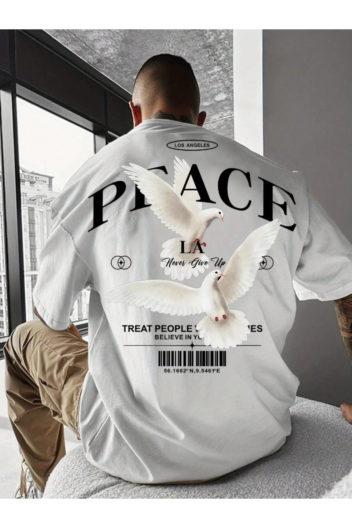 Unisex Peace Tasarımlı Basic Bisiklet Yaka Regular T-shirt %100 Pamuk