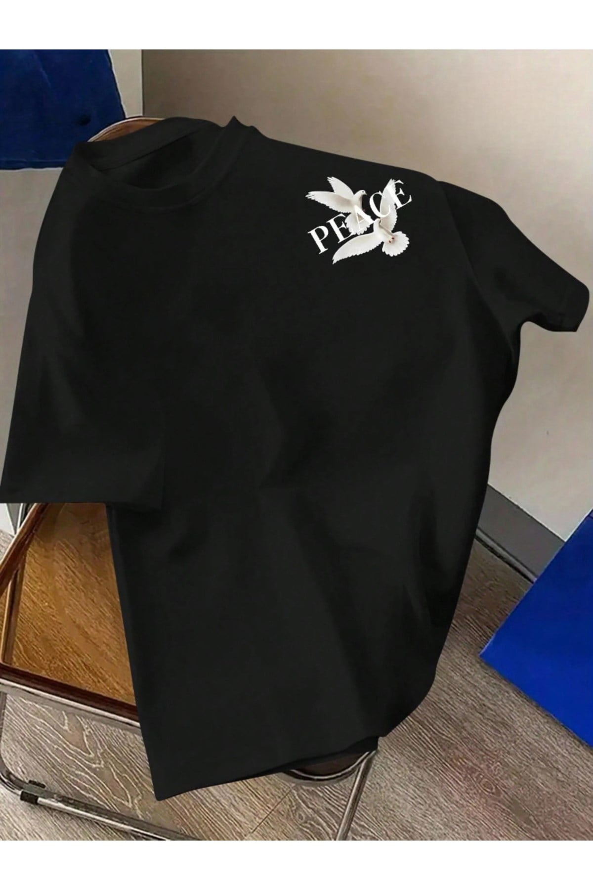 Unisex Peace Tasarımlı Basic Bisiklet Yaka Regular T-shirt %100 Pamuk
