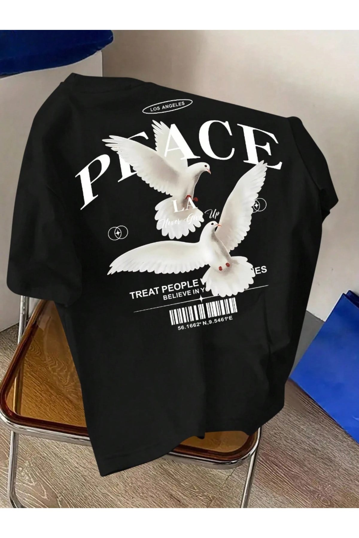 Unisex Peace Tasarımlı Basic Bisiklet Yaka Regular T-shirt %100 Pamuk