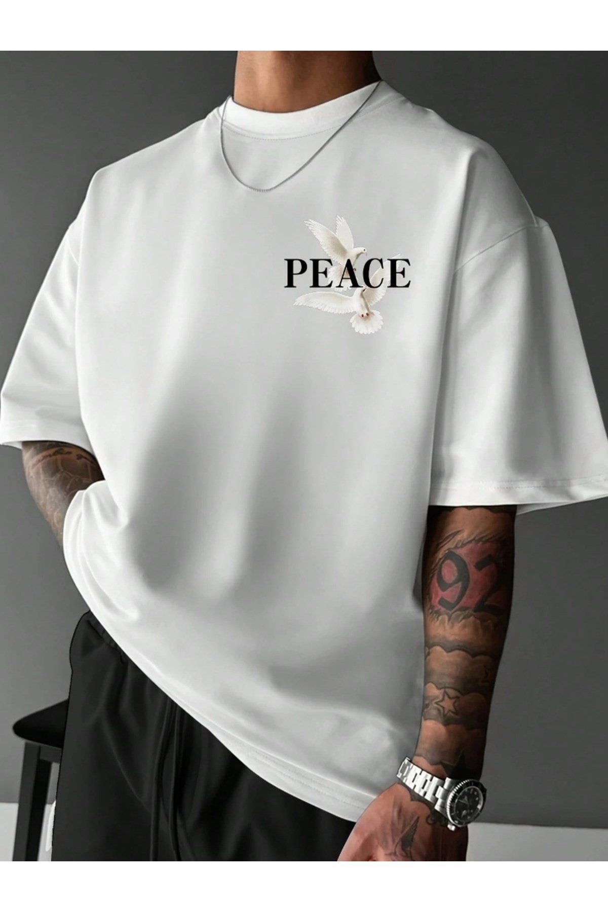 Unisex Peace Tasarımlı Basic Bisiklet Yaka Regular T-shirt %100 Pamuk