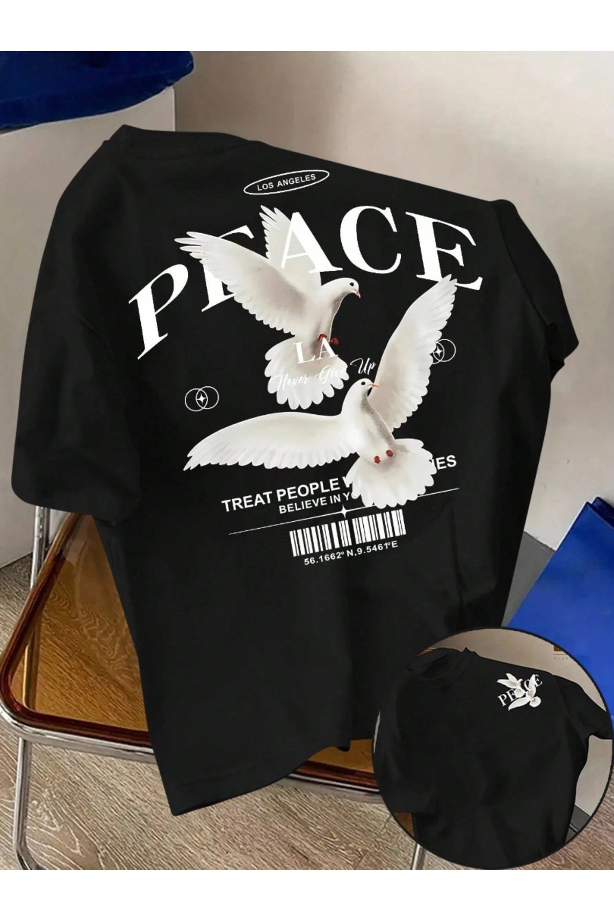Unisex Peace Tasarımlı Basic Bisiklet Yaka Regular T-shirt %100 Pamuk