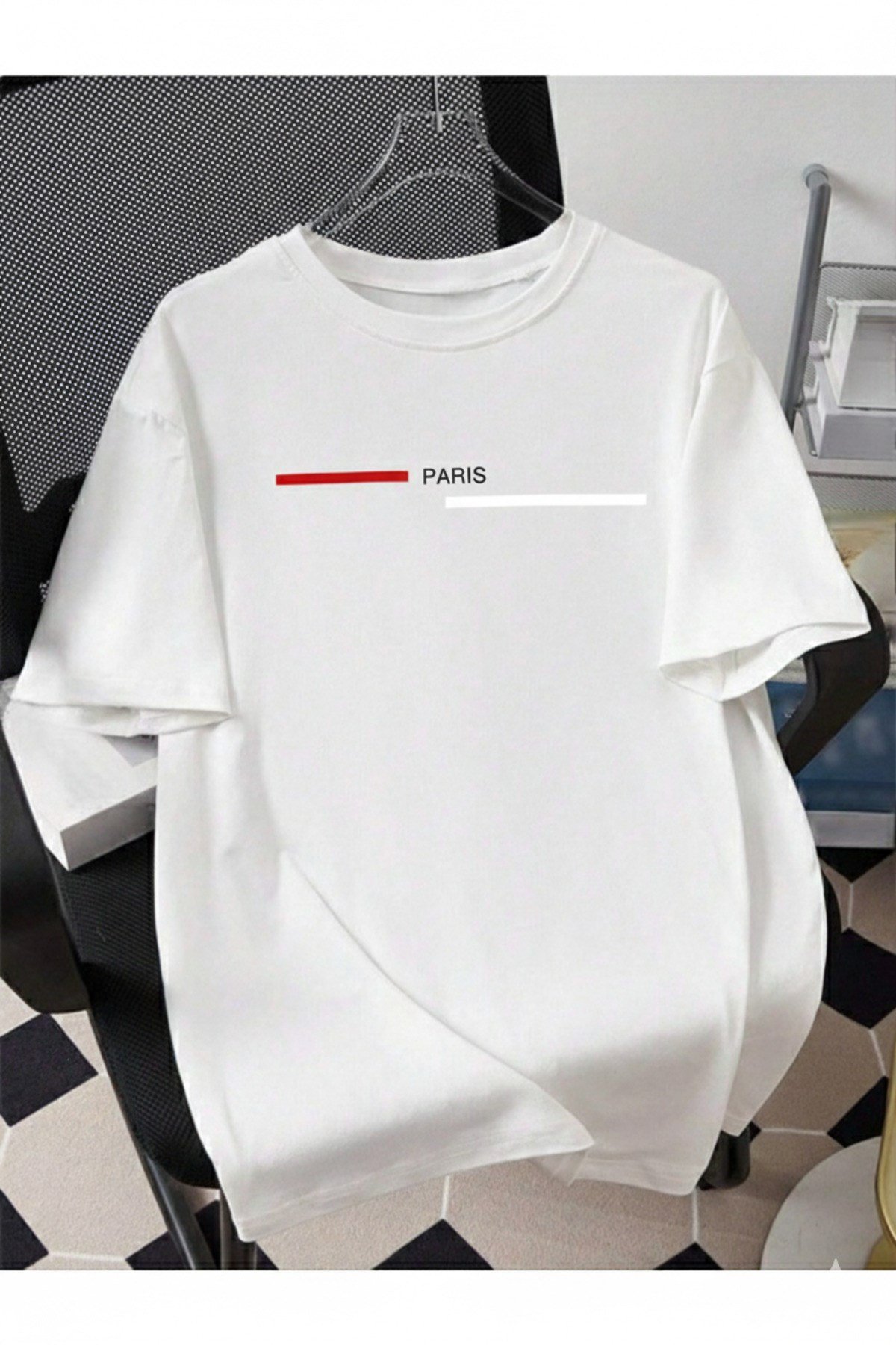 Unisex Şerit Paris Baskılı Basic Bisiklet Yaka Regular T-shirt %100 Pamuk