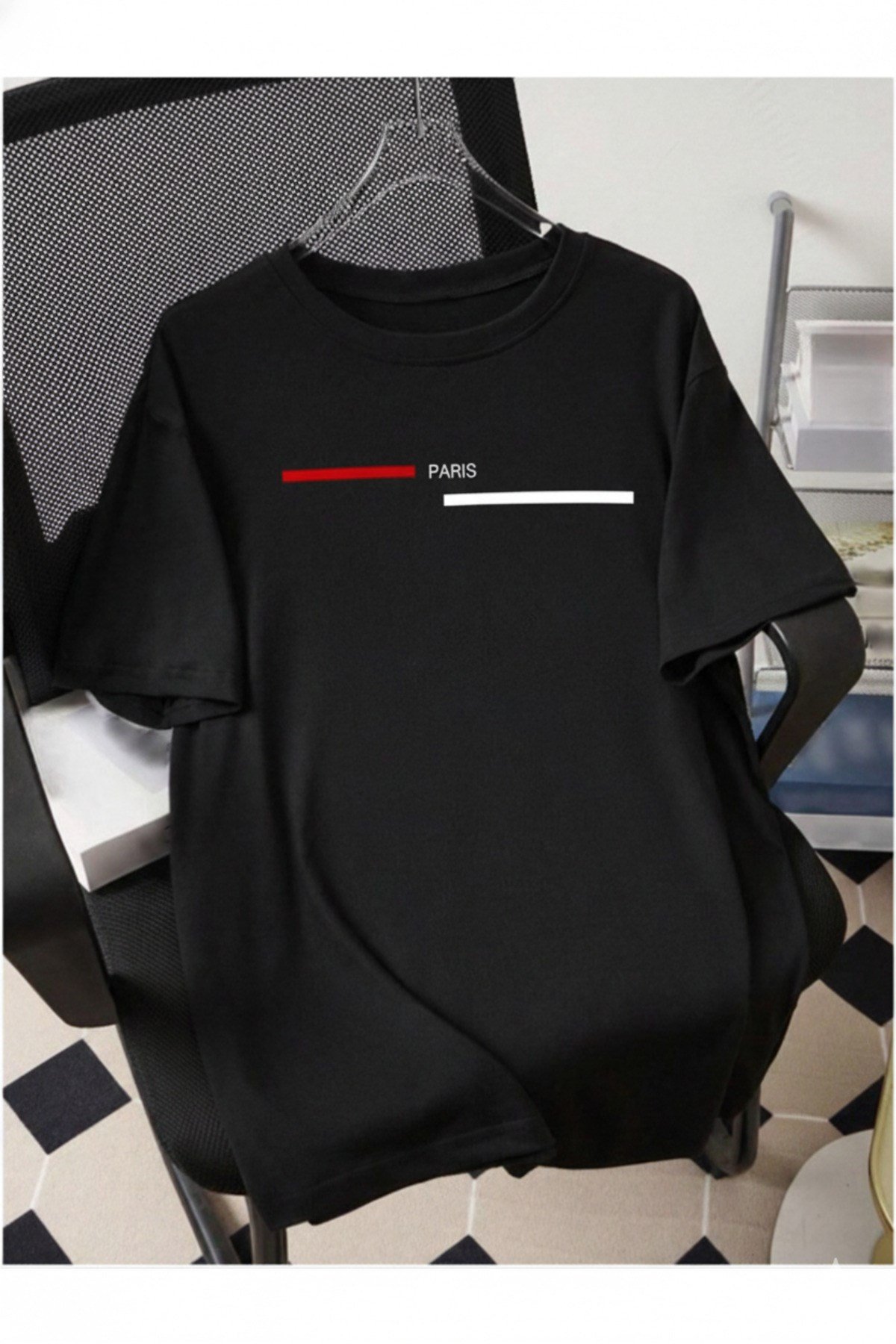 Unisex Şerit Paris Baskılı Basic Bisiklet Yaka Regular T-shirt %100 Pamuk