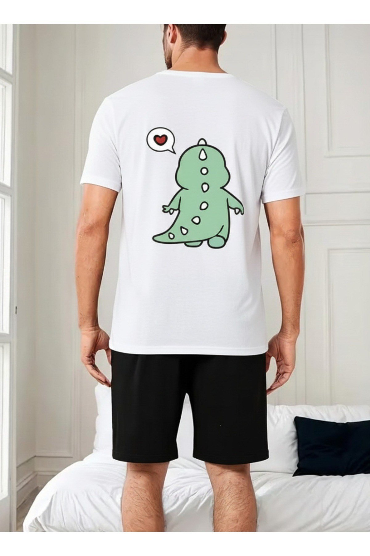 Unisex Sevimli Dinozor Baskılı Sevgili Çift Kombini Basic Regular T-shirt 2'Li