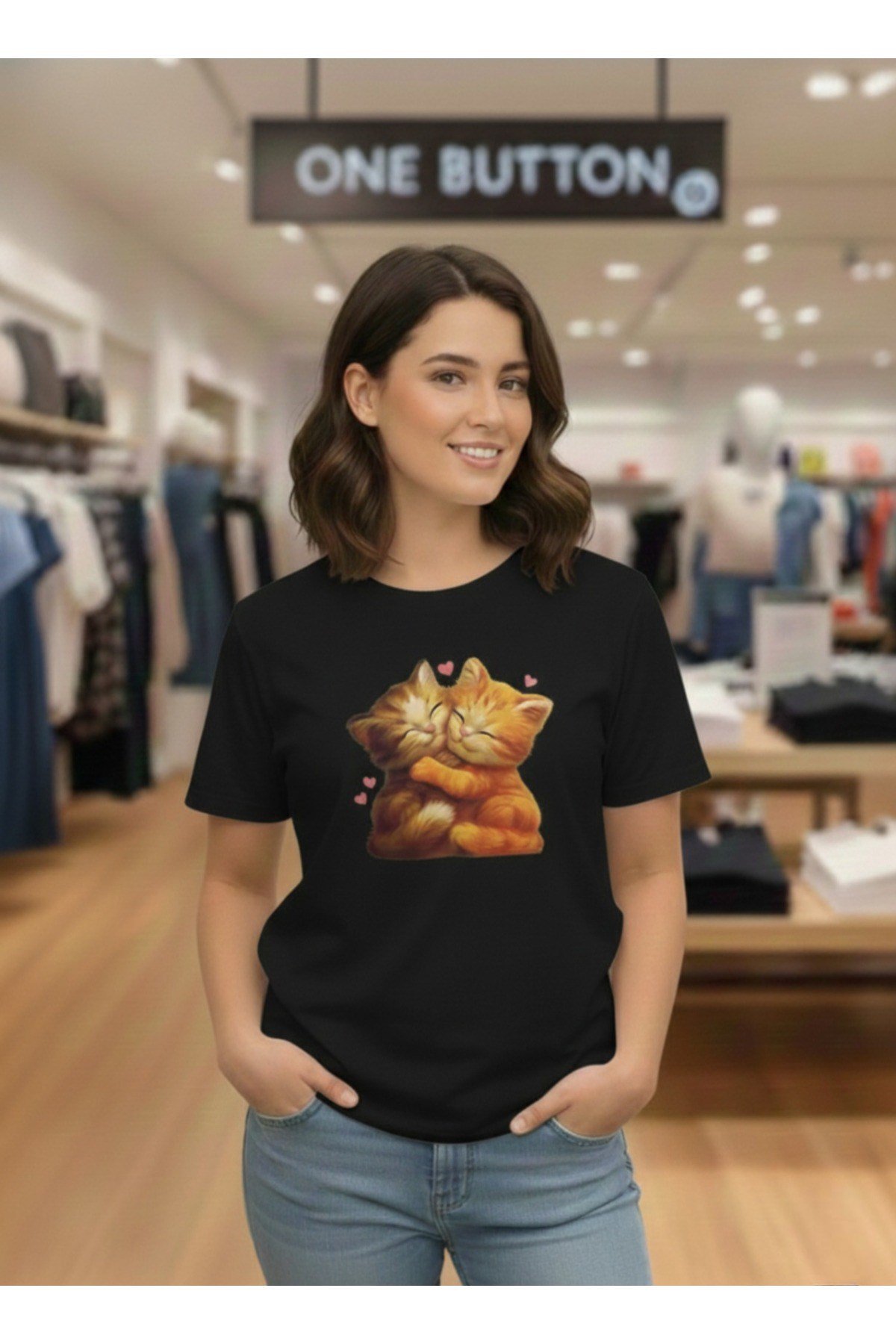 Unisex Sevimli Kediler Özel Tasarım Basic Bisiklet Yaka Regular T-shirt %100 Pamuk