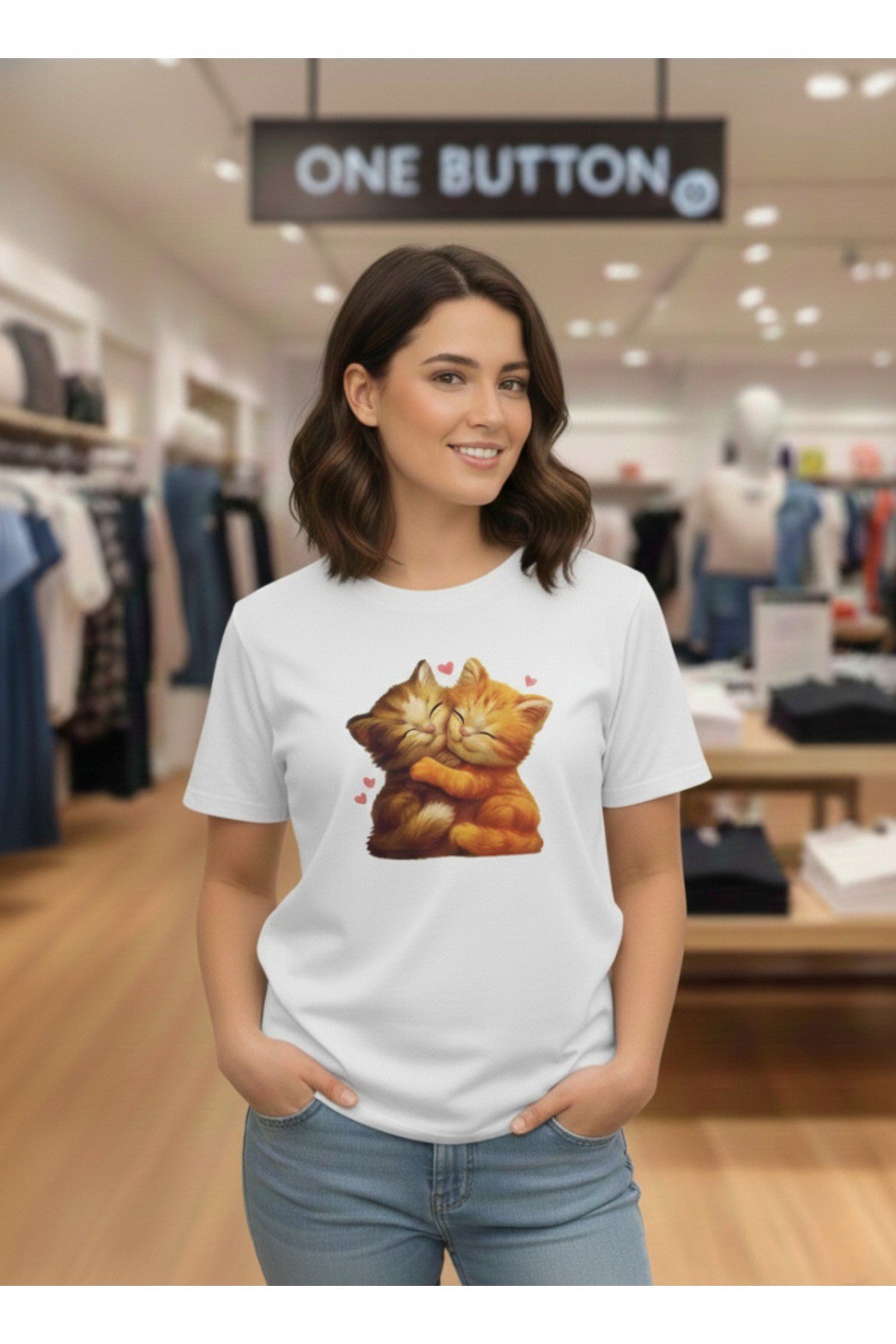 Unisex Sevimli Kediler Özel Tasarım Basic Bisiklet Yaka Regular T-shirt %100 Pamuk