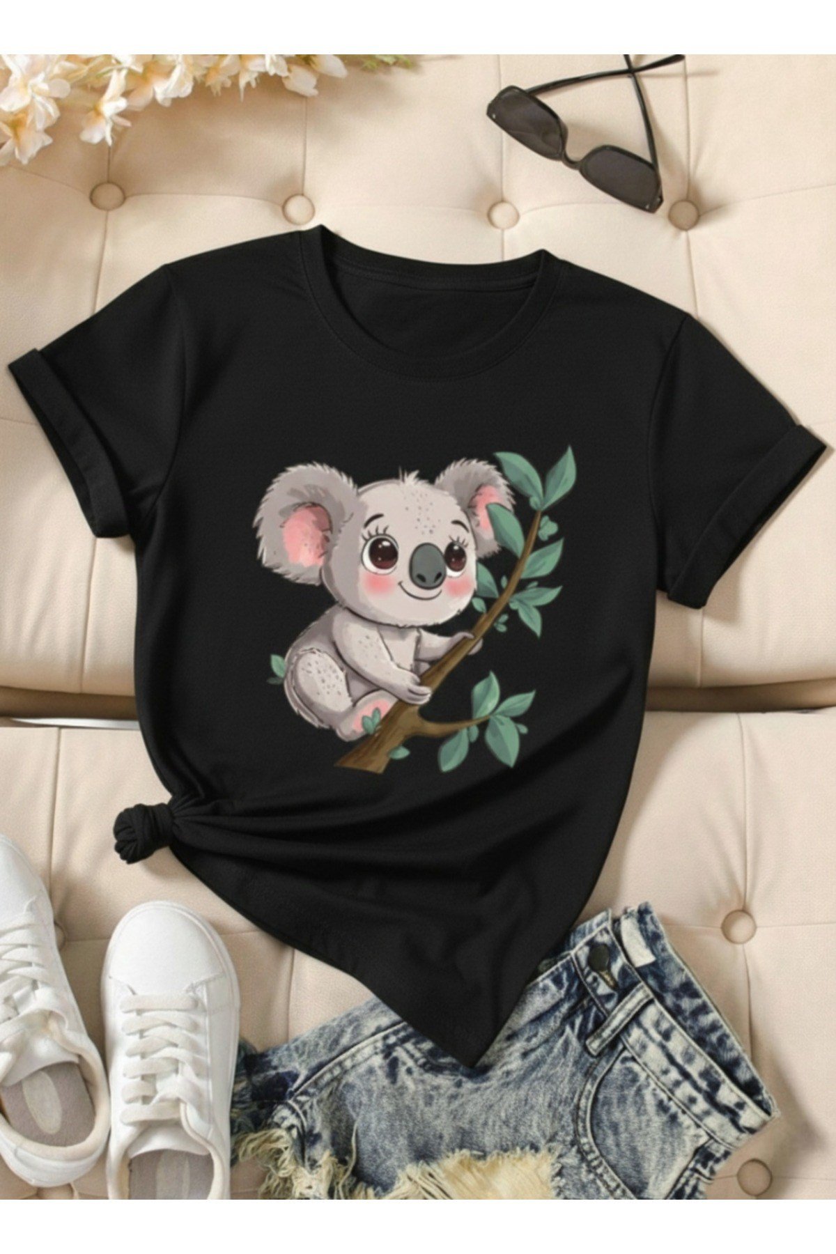 Unisex Sevimli Koala Tasarım Basic Bisiklet Yaka Regular T-shirt