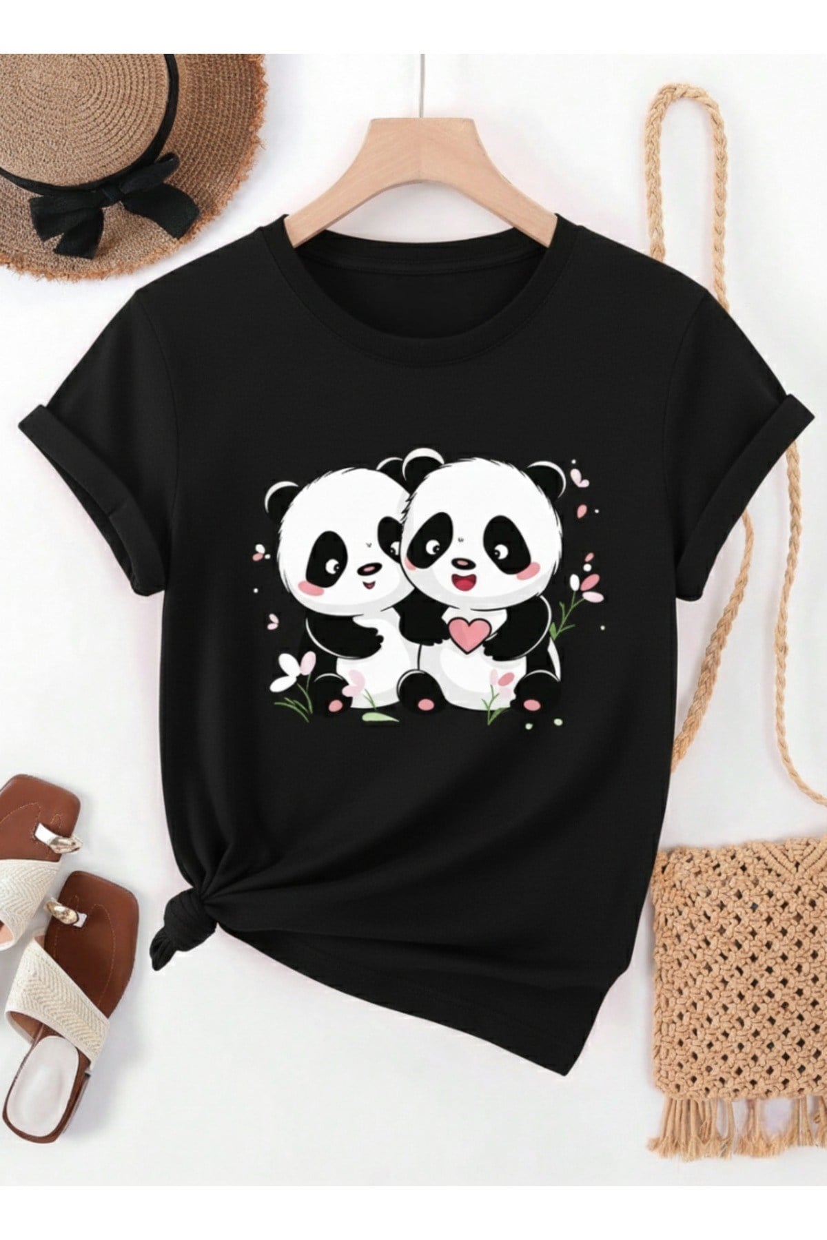 Unisex Sevimli Panda Baskılı Basic Bisiklet Yaka Regular T-shirt %100 Pamuk