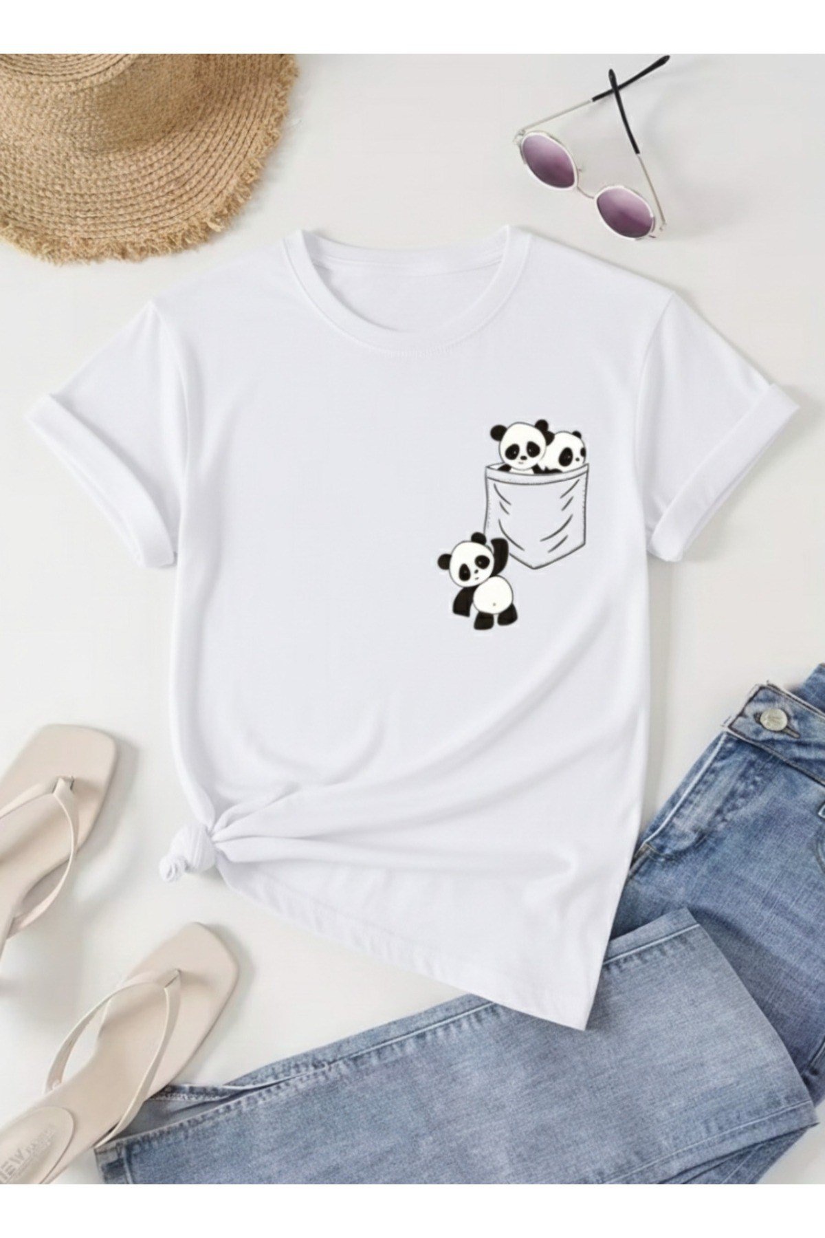 Unisex Sevimli Pandalar Cep Tasarım Basic Regular T-shirt