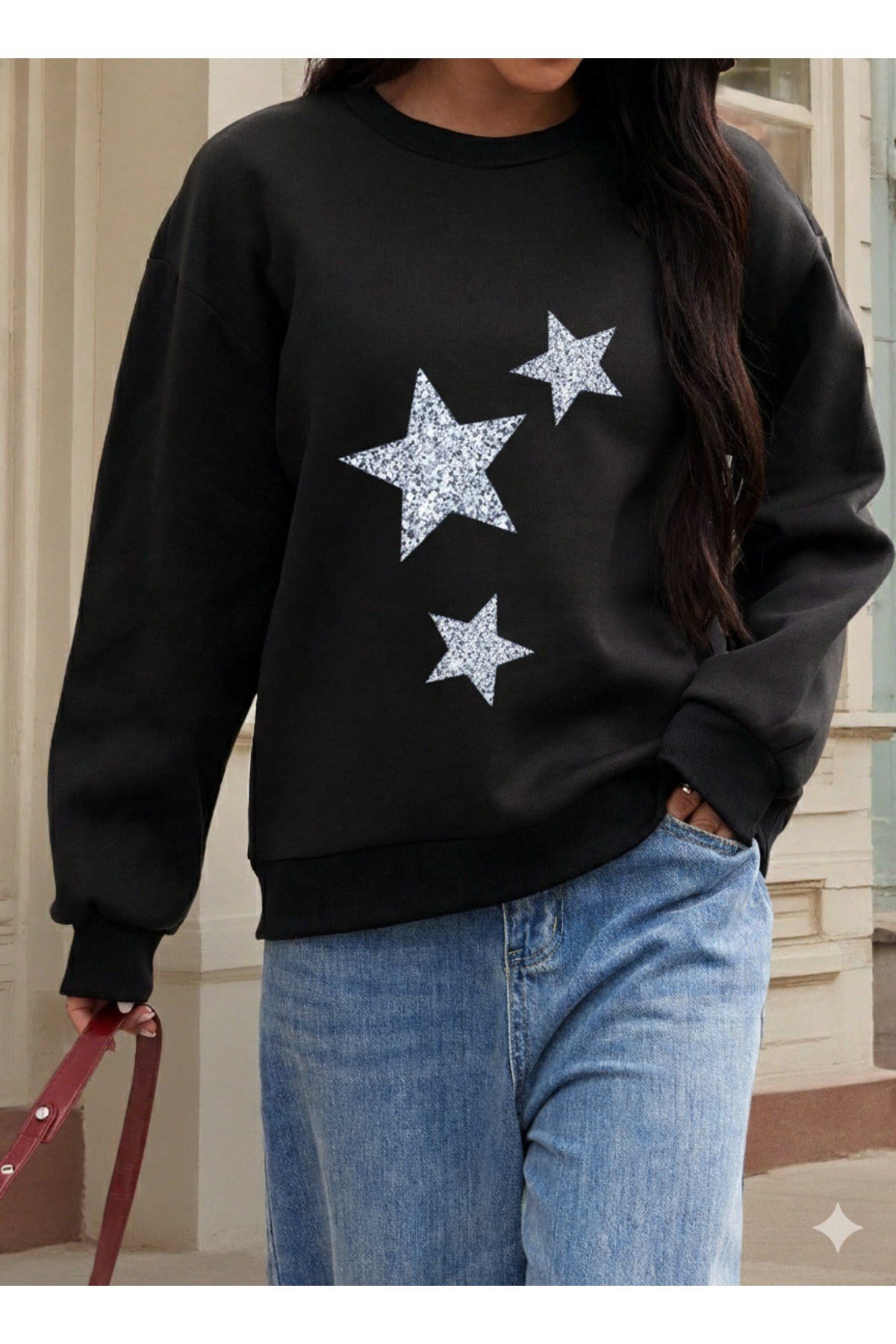 Unisex Star Yıldızlı Tasarım Sıfır Yaka Regular Sweatshirt %100 Pamuk