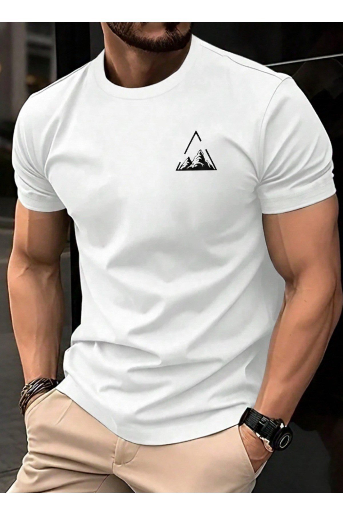 Unisex Üçgen Dağ Göğüs Tasarımlı Basic Bisiklet Yaka Regular T-shirt %100 Pamuk
