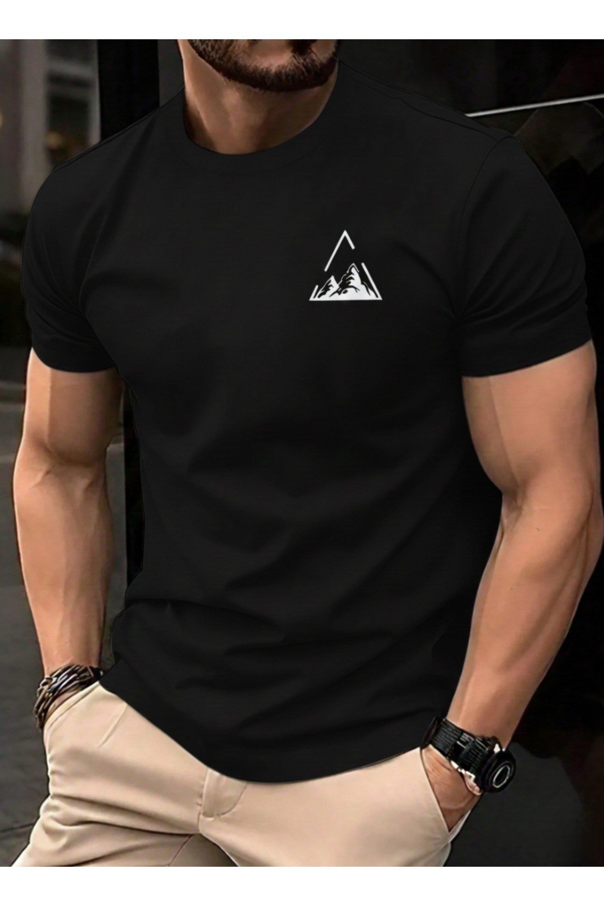 Unisex Üçgen Dağ Göğüs Tasarımlı Basic Bisiklet Yaka Regular T-shirt %100 Pamuk