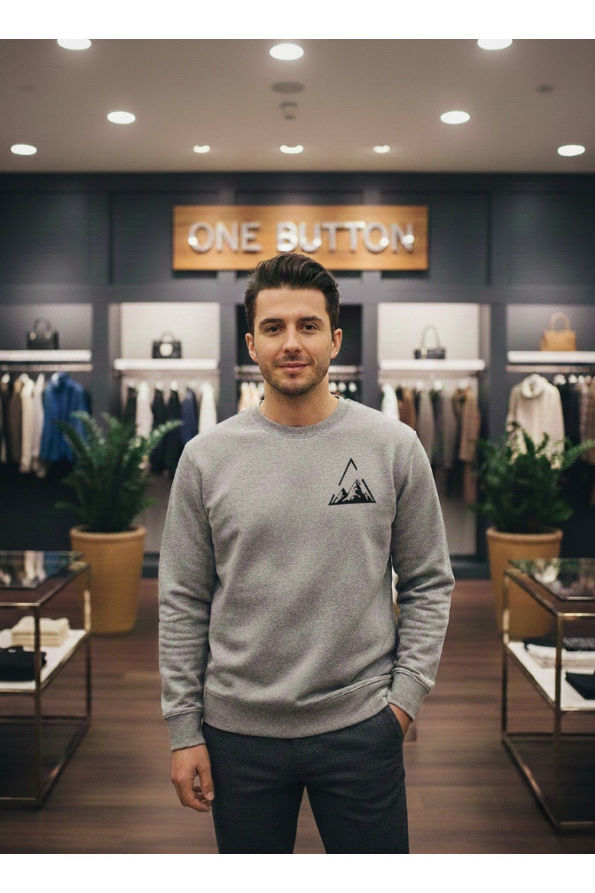 Unisex Üçgen Dağ Göğüs Tasarımlı Basic Sıfır Yaka Regular Sweatshirt %100 Pamuk