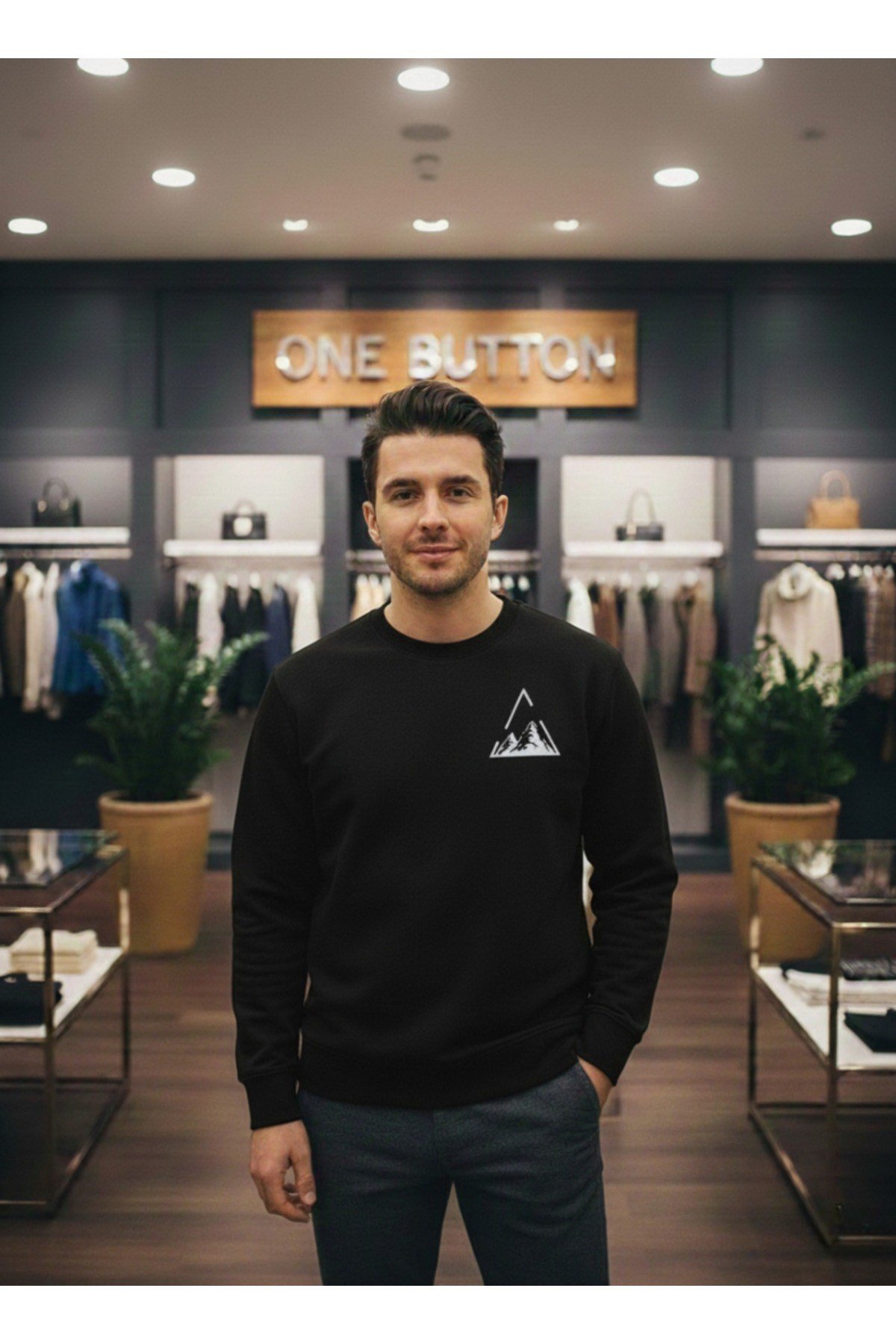 Unisex Üçgen Dağ Göğüs Tasarımlı Basic Sıfır Yaka Regular Sweatshirt %100 Pamuk