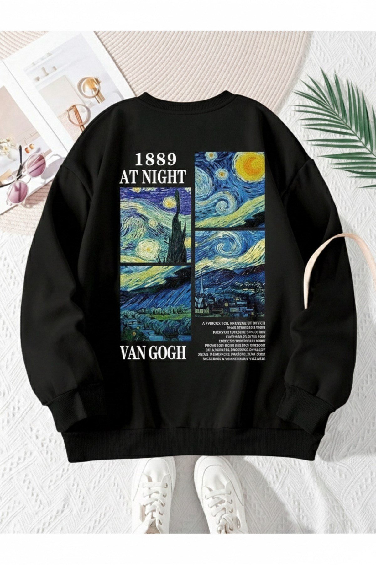 Unisex Van Gogh Baskılı Sıfır Yaka Regular Sweatshirt %100 Pamuk