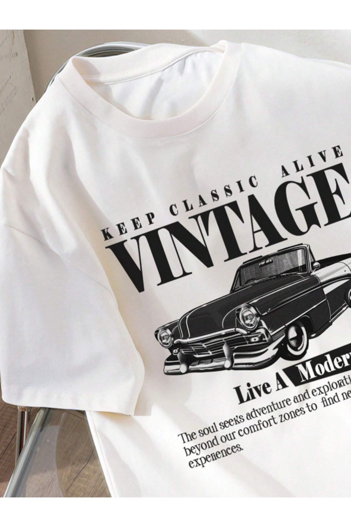 Unisex Vintage Baskılı Basic Bisiklet Yaka Regular T-shirt %100 Pamuk Beyaz