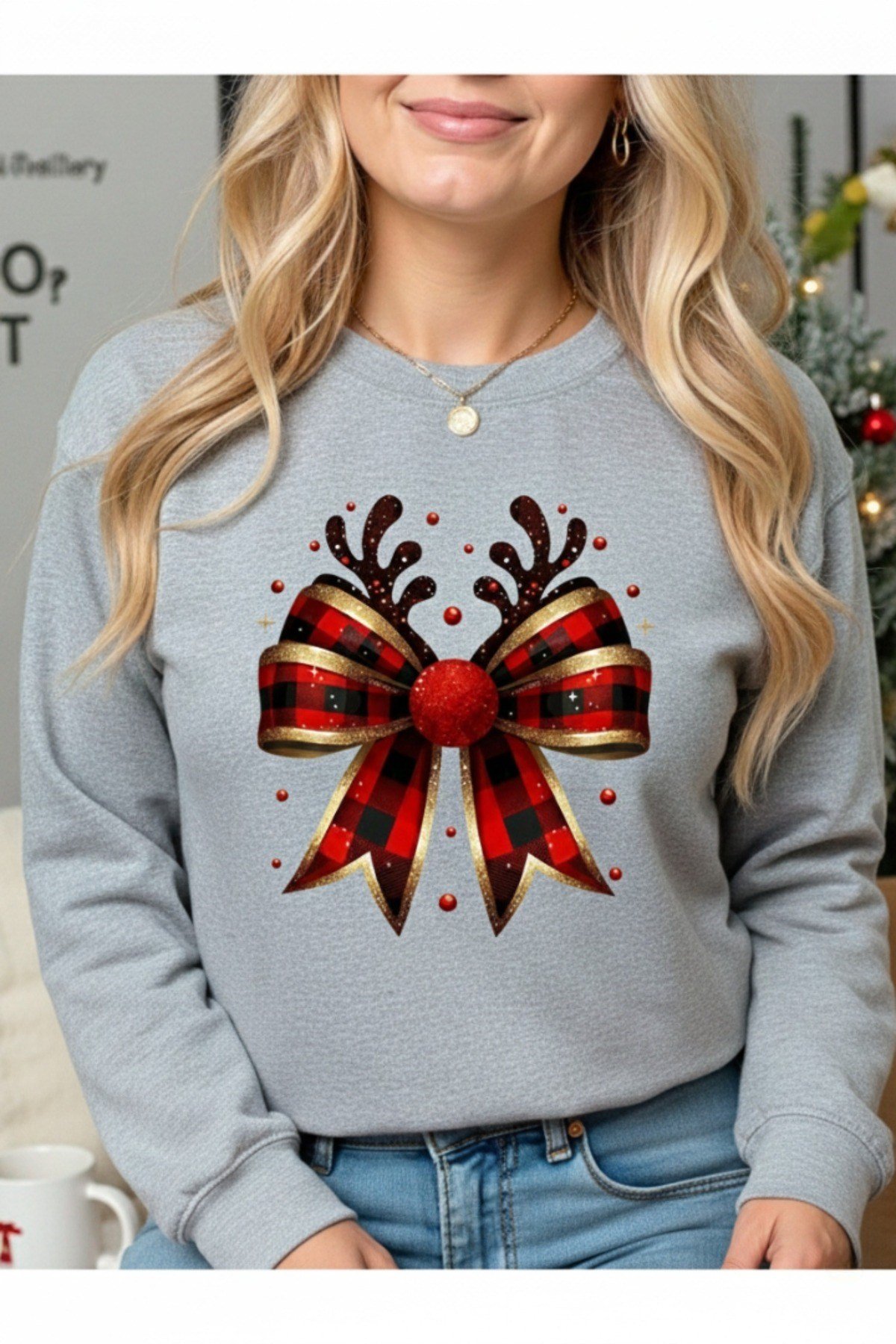 Unisex Yılbaşı Geyikli Noel Kurdele Özel Tasarım Sıfır Yaka Regular Noel Sweatshirt %100 Pamuk