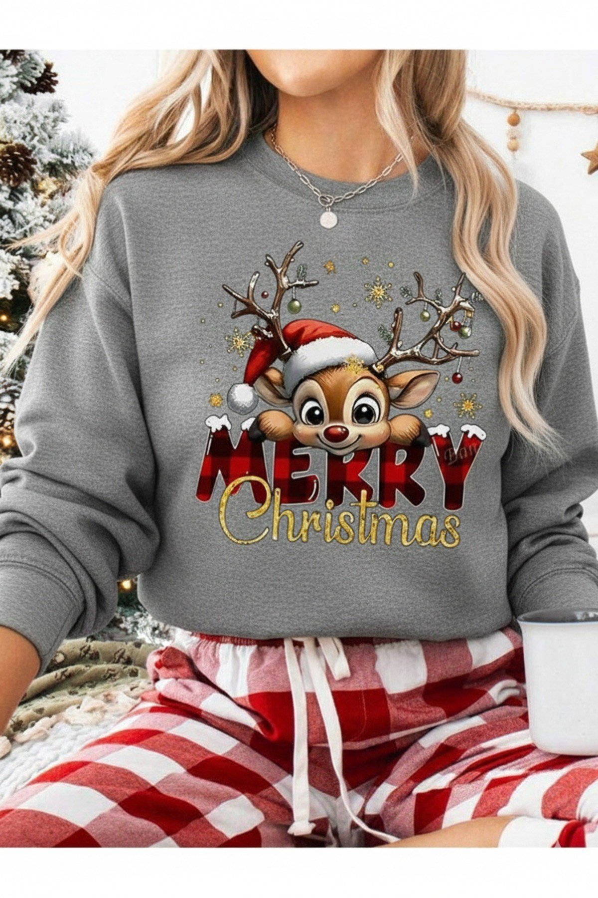 Unisex Yılbaşı Sevimli Geyik Merry Christmas Tasarımlı Sıfır Yaka Regualar Sweatshirt %100 Pamuk