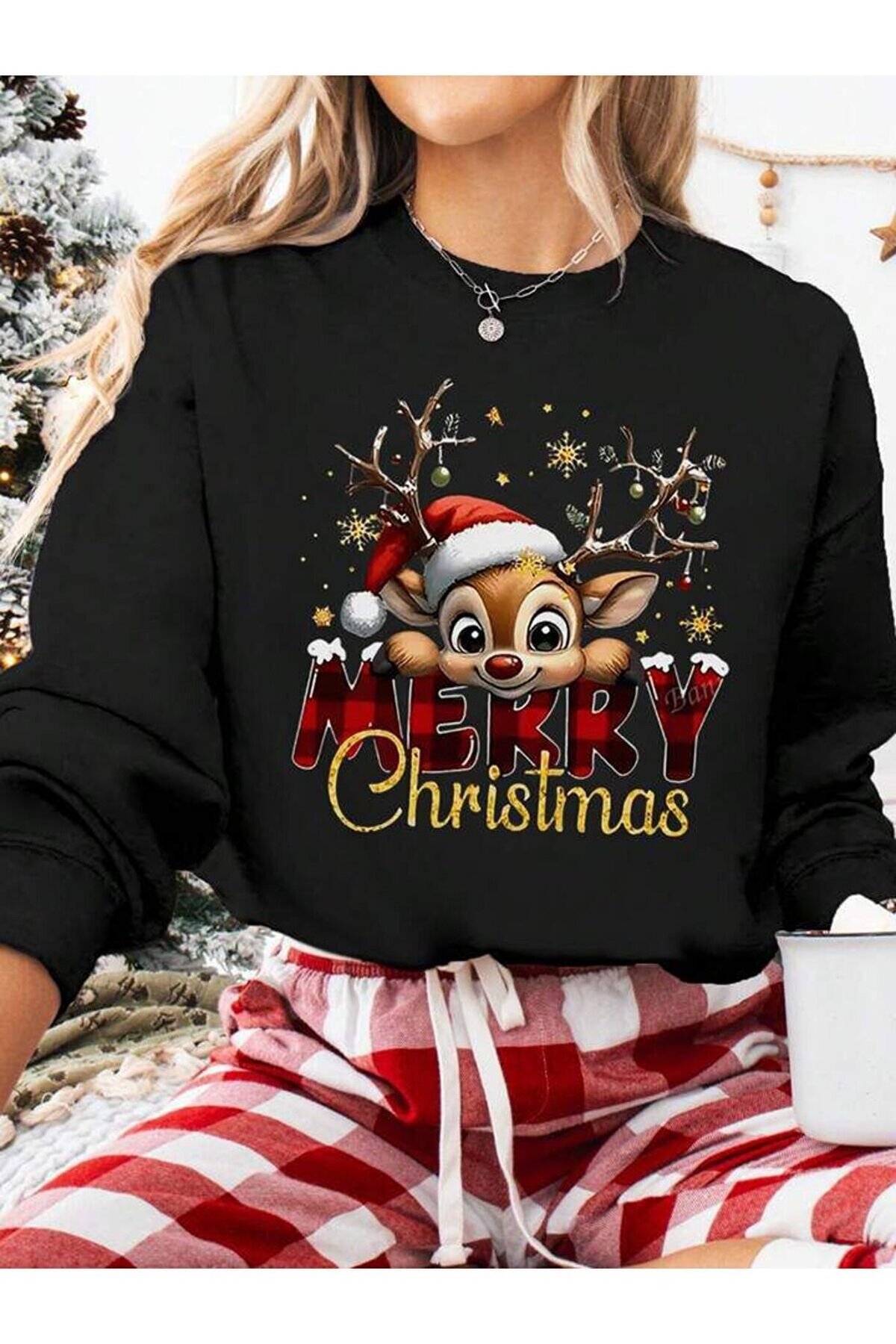 Unisex Yılbaşı Sevimli Geyik Merry Christmas Tasarımlı Sıfır Yaka Regualar Sweatshirt %100 Pamuk