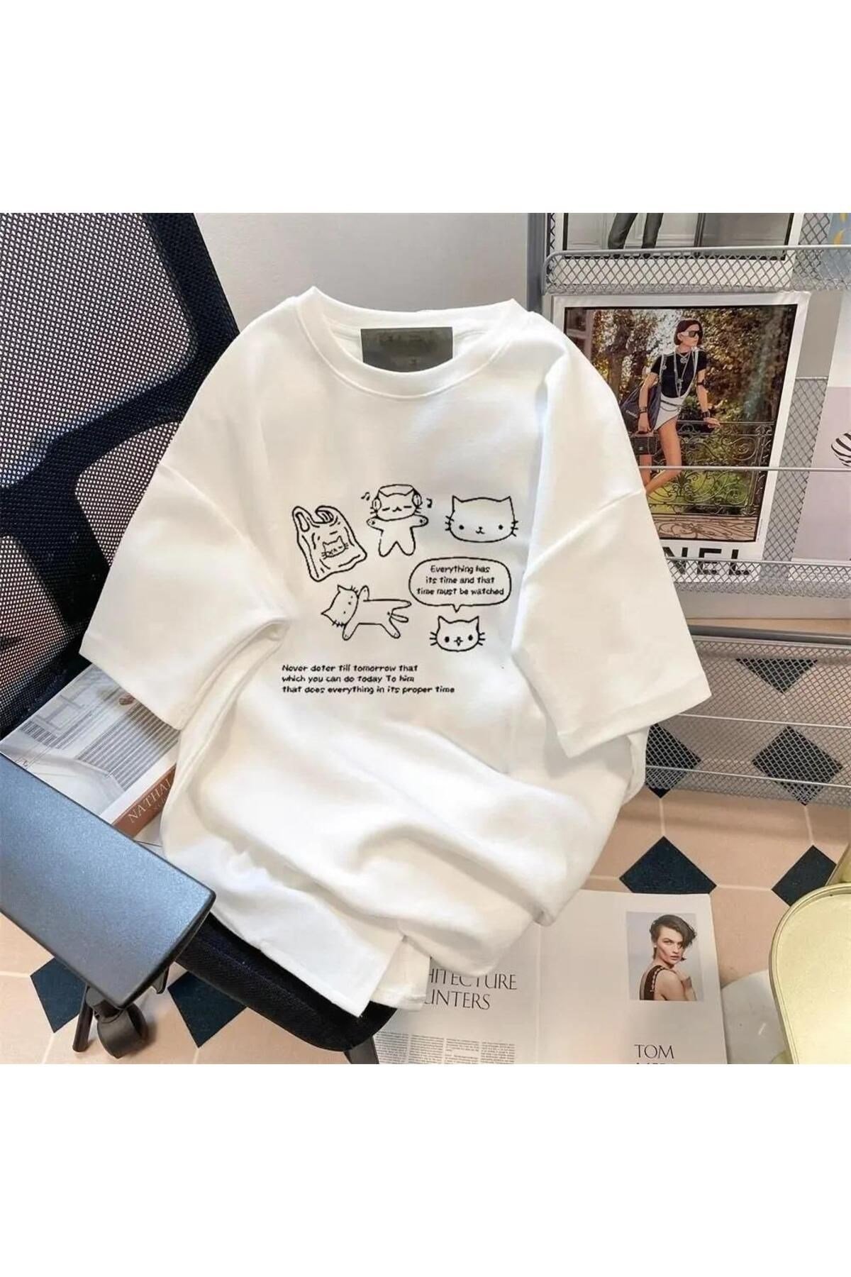 Y2k  Retro Karikatür Kedi Baskılı Beyaz Unisex Oversize T-shirt
