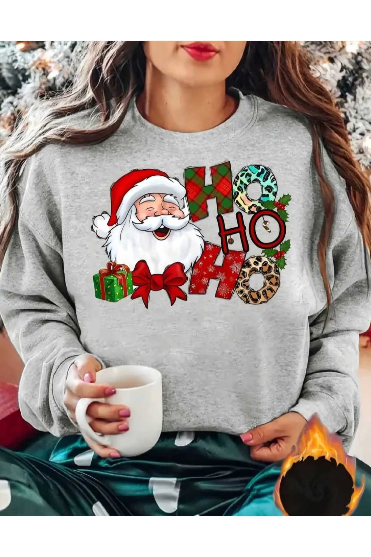 Yılbaşı Yeni Yıl Konsept Ho Ho Ho Baskılı Bisiklet Yaka Oversize Sweatshirt Unisex