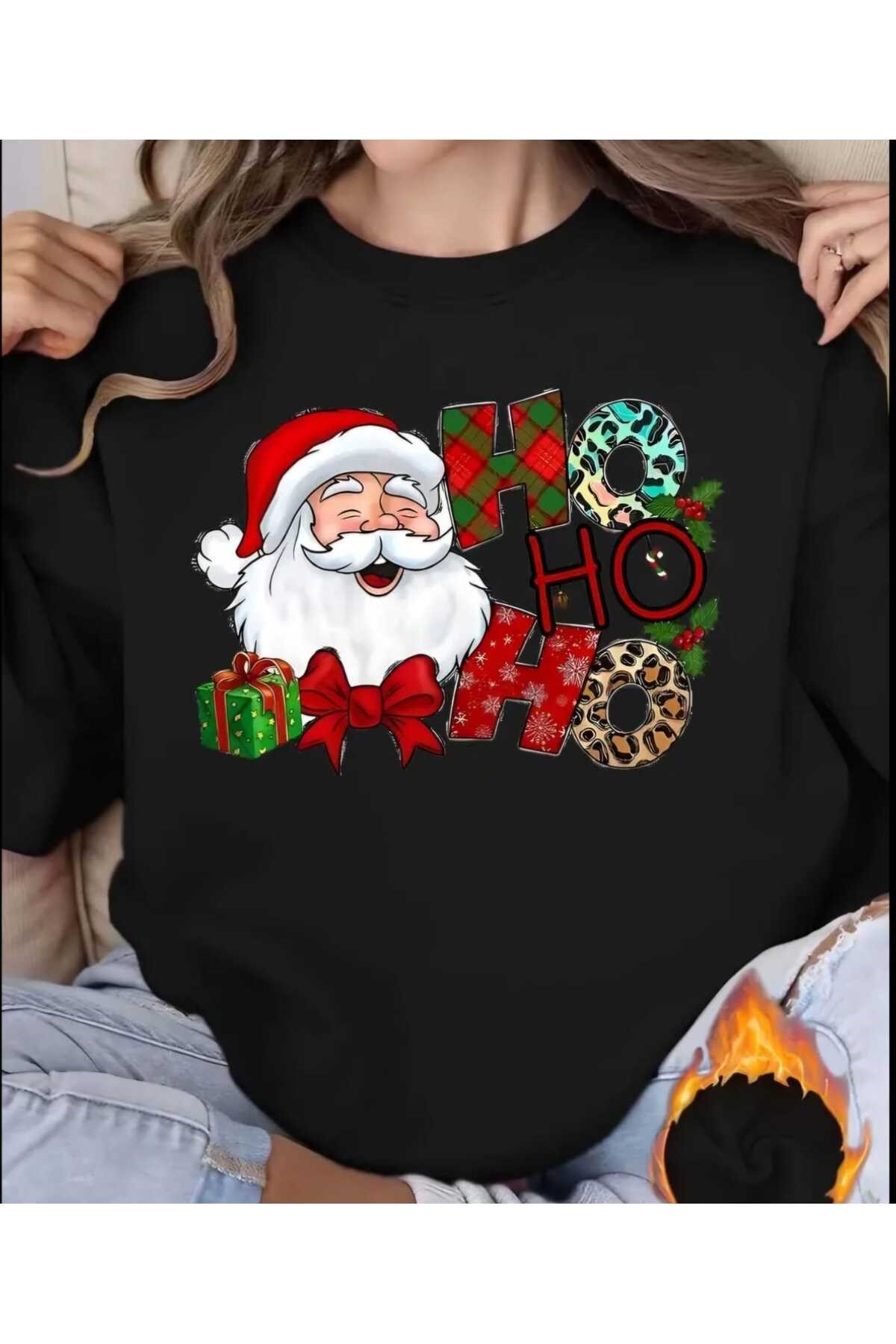Yılbaşı Yeni Yıl Konsept Ho Ho Ho Baskılı Bisiklet Yaka Oversize Sweatshirt Unisex