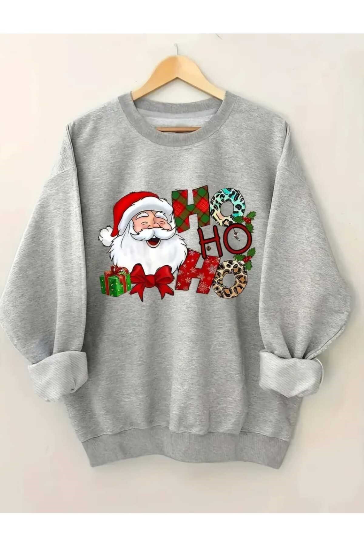 Yılbaşı Yeni Yıl Konsept Ho Ho Ho Baskılı Bisiklet Yaka Oversize Sweatshirt Unisex