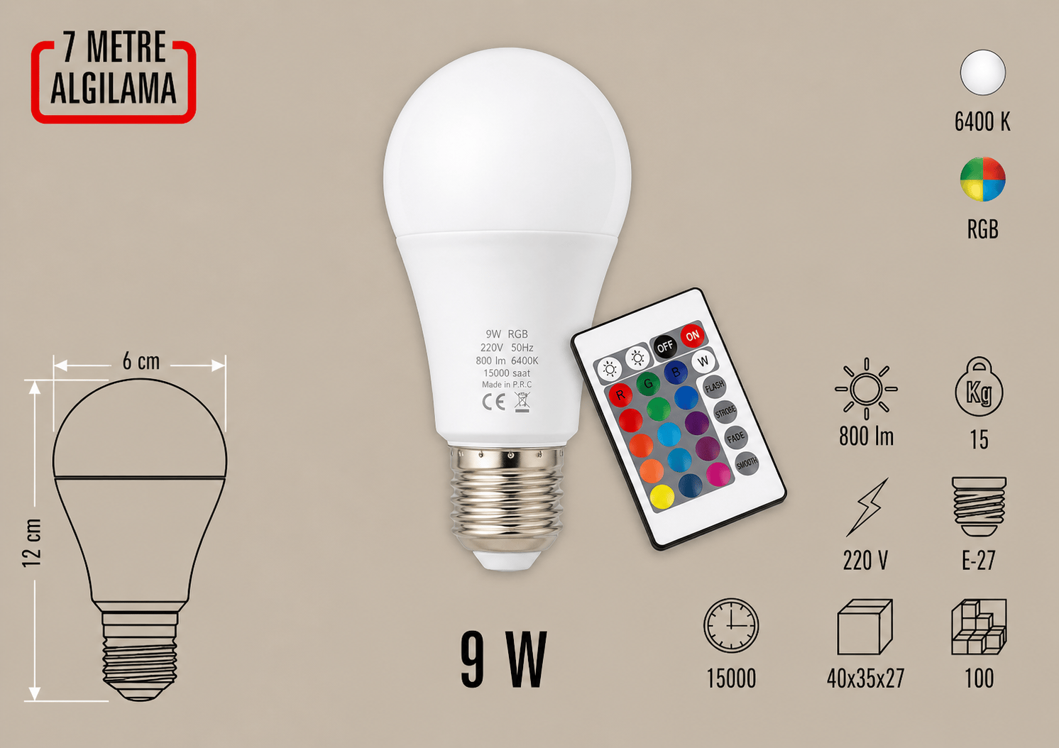 Cata CT-4058 RGB LED Ampul 9W E27 Kumandalı