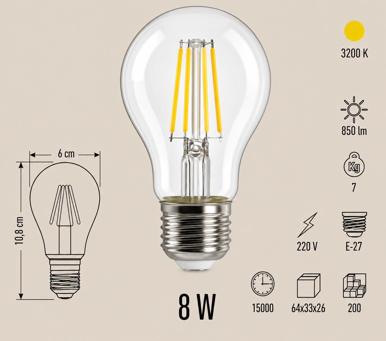 Cata CT-4217 LED Filament Ampul 8W E27 3200K