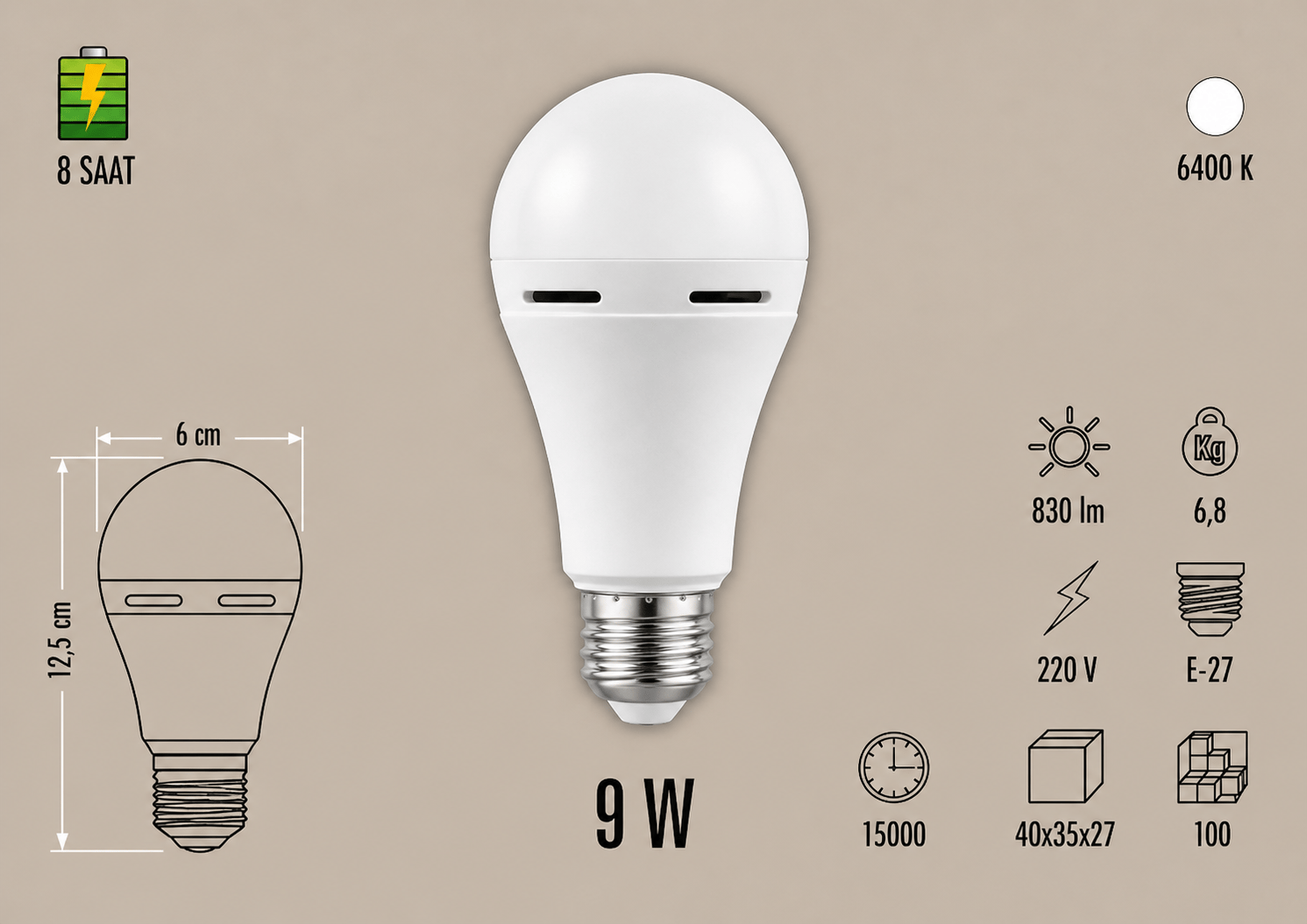Cata CT-4229 Şarjlı LED Ampul 9W E27