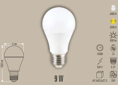 Cata CT-4277 LED Ampul 9W E27 3200K / 6400K