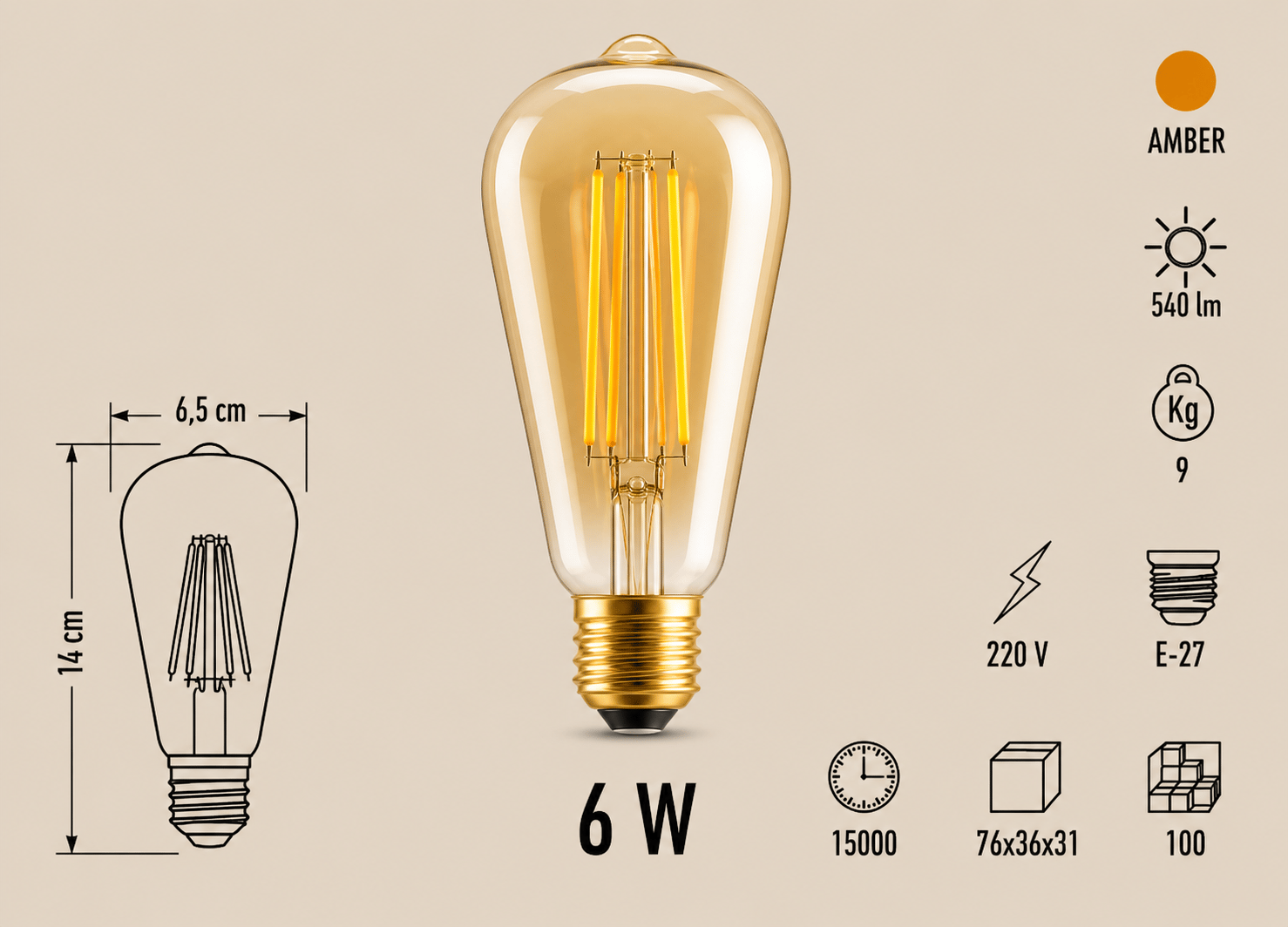 Cata CT-4284 LED Filament Ampul 6W E27 Amber