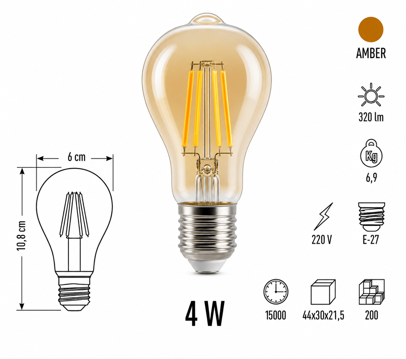 Cata CT-4285 LED Filament Ampul 4W E27 Amber