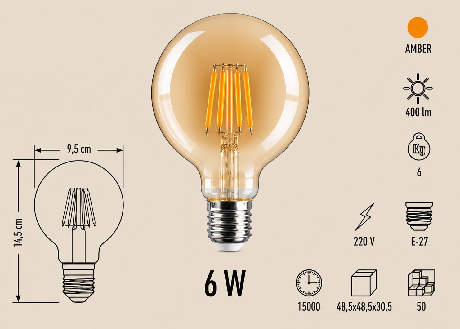 Cata CT-4286 LED Filament Ampul 6W E27 Amber