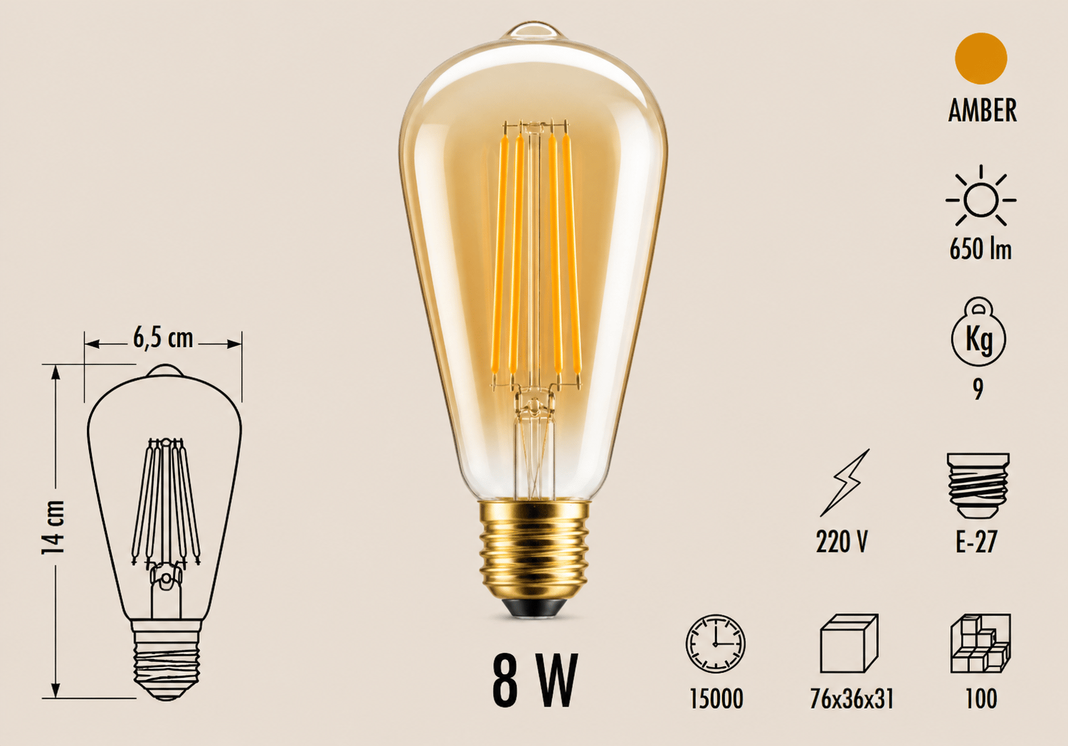 Cata CT-4290 LED Filament Ampul 8W E27 Amber