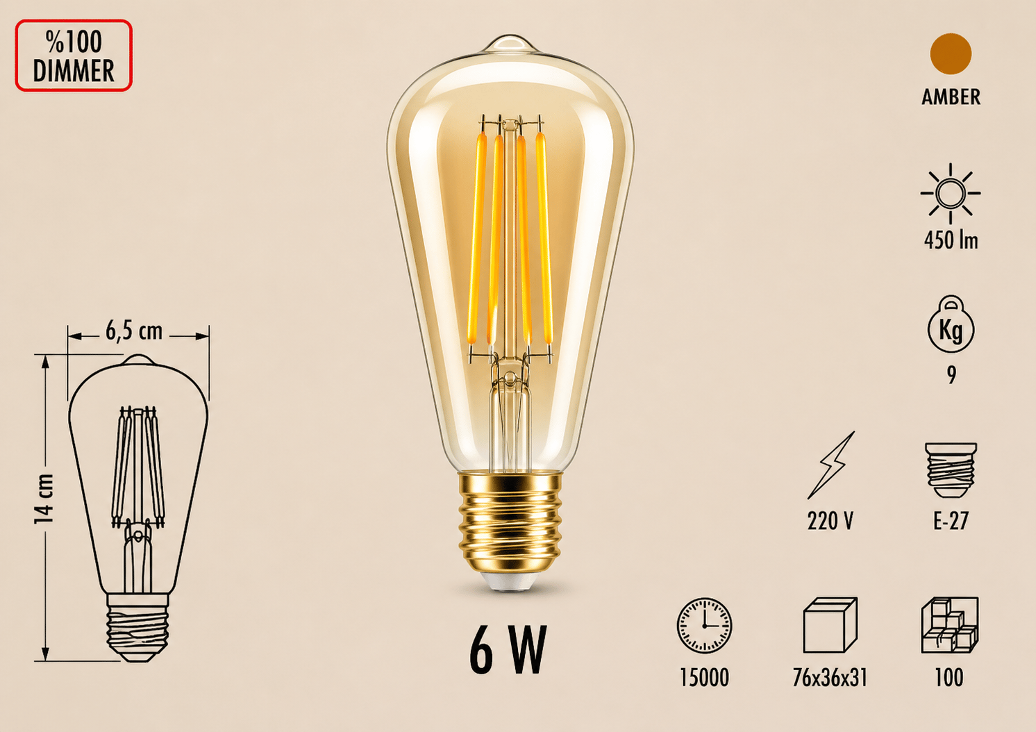 Cata CT-4313 Dimmerli LED Filament Ampul 6W E27 Amber