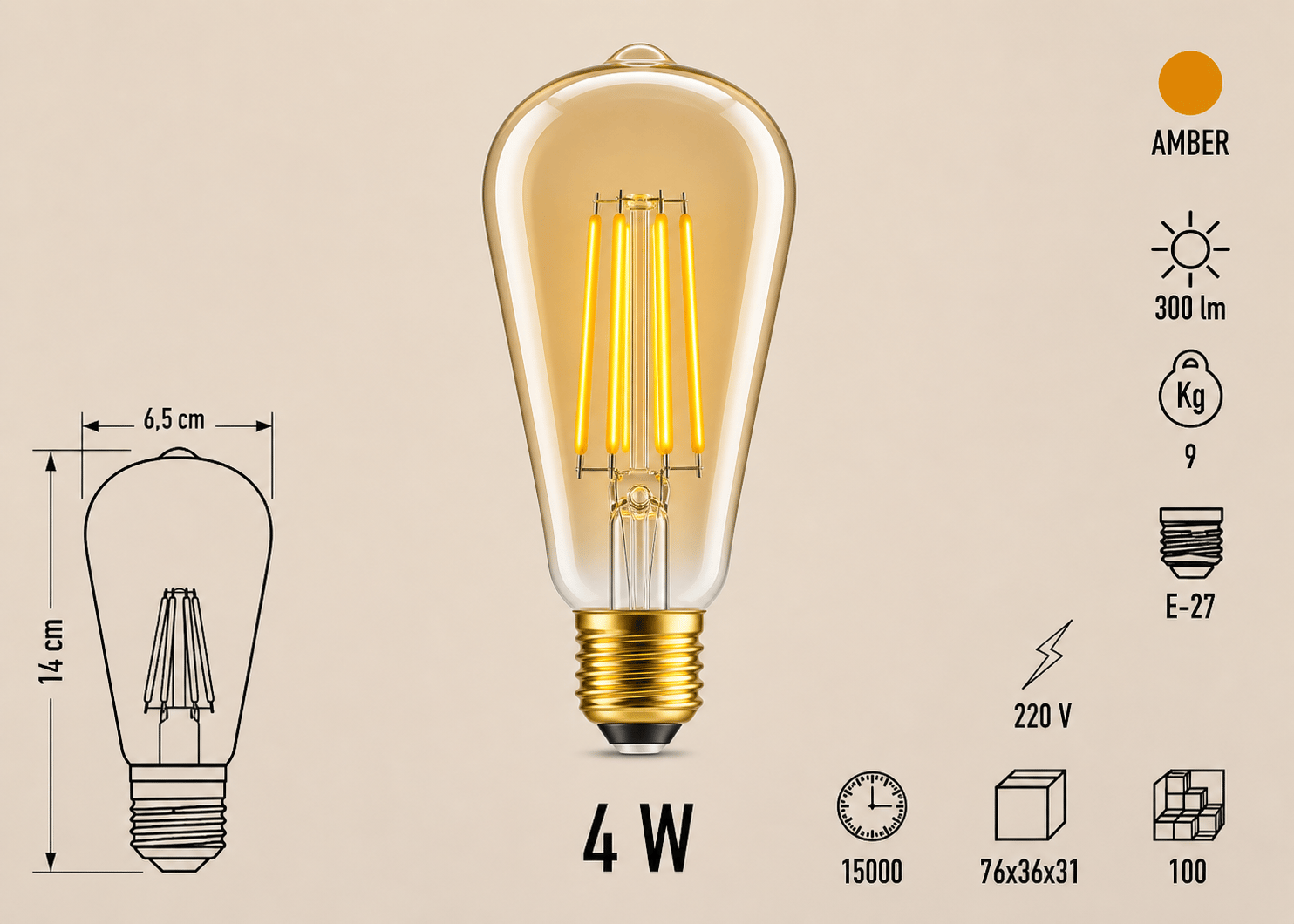 Cata CT-4350 LED Filament Ampul 4W E27 Amber