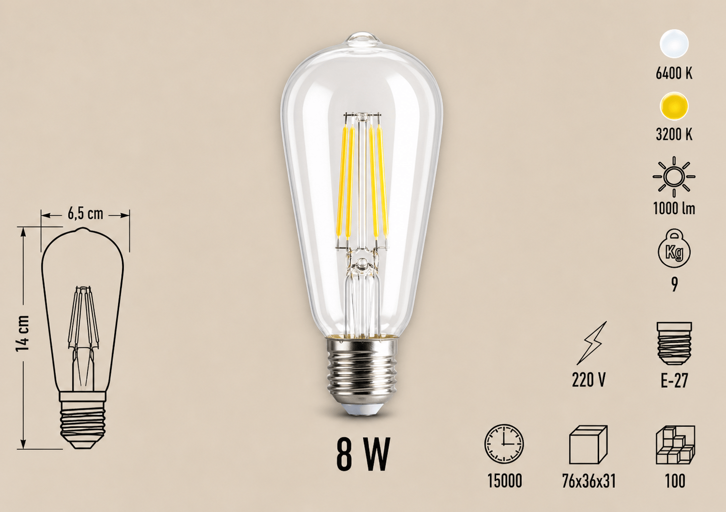 Cata CT-4353 LED Filament Ampul 8W E27 3200K / 4000K