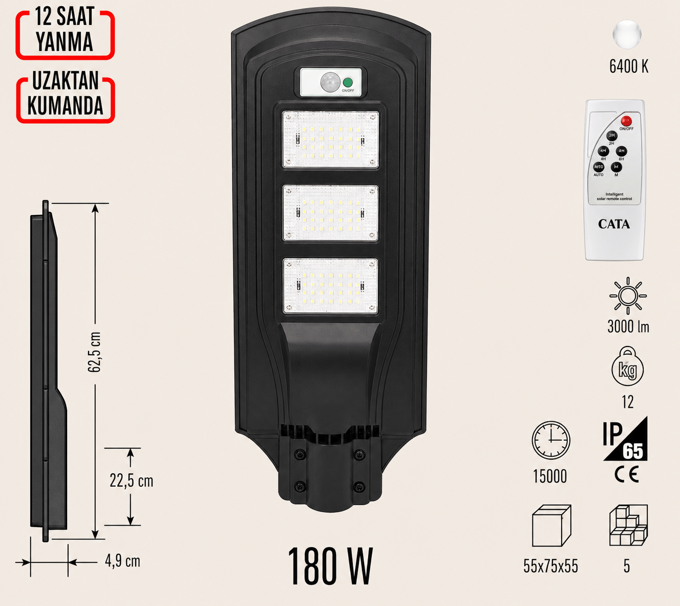 CATA CT-4692 Solar Sokak 180W 12 Saat Yanma Uzaktan Kumanda