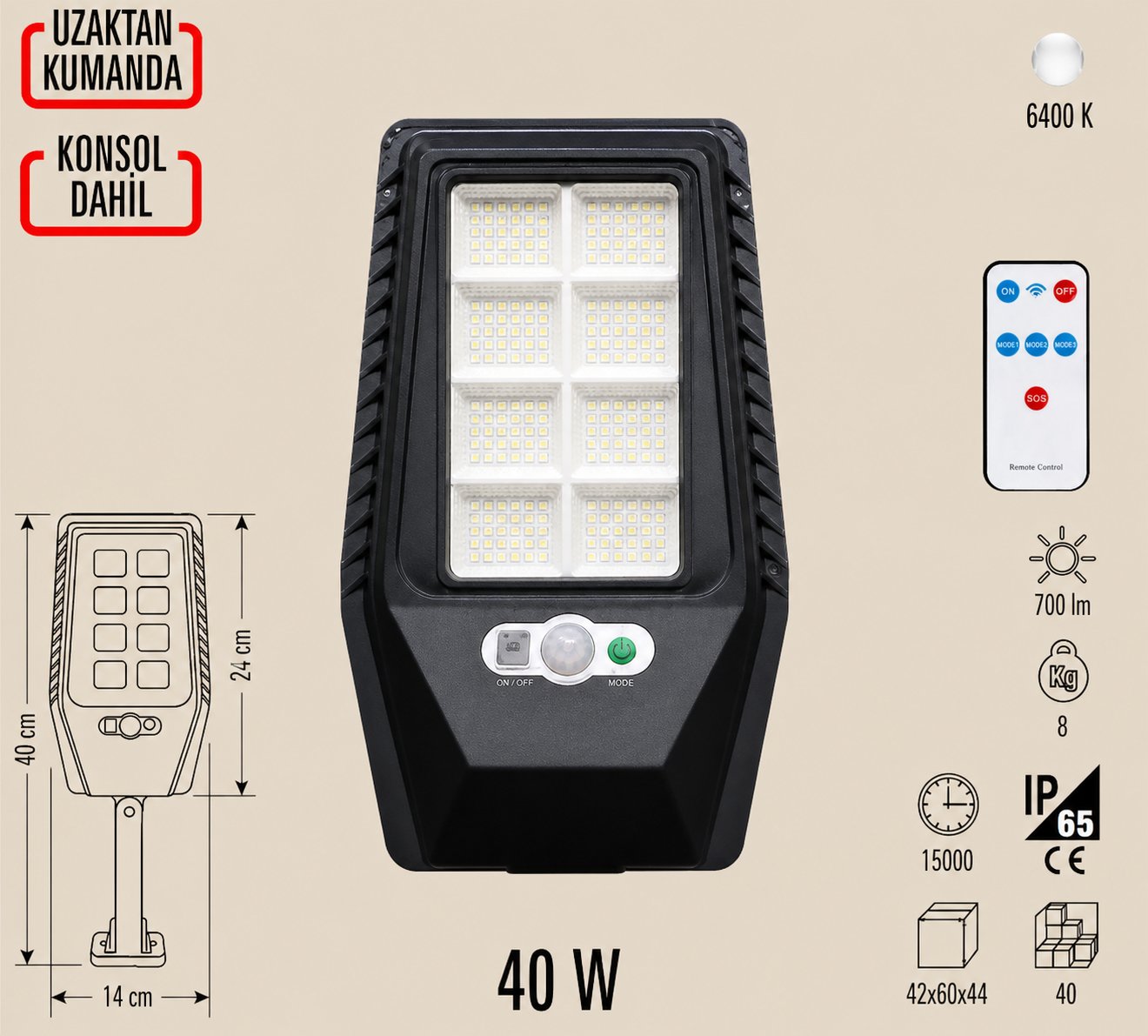 CATA CT-4693 Solar Sokak 40W Uzaktan Kumanda Fotosel Dahil
