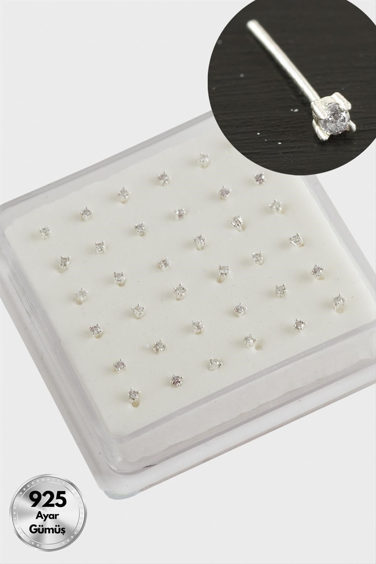 2 mm Kare Zirkon Tek Taşlı Gümüş Hızma 36 Adet