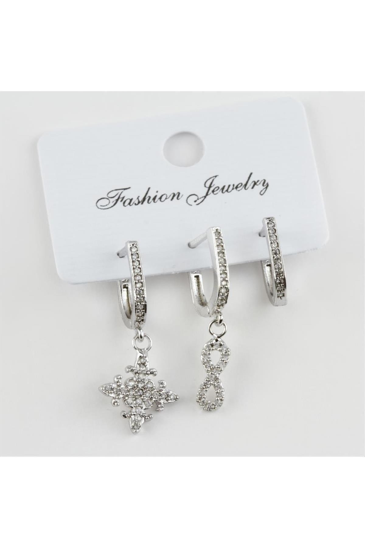 3 Adet Sonsuzluk Figürlü Lüx Zirkon Taşlı Küpe