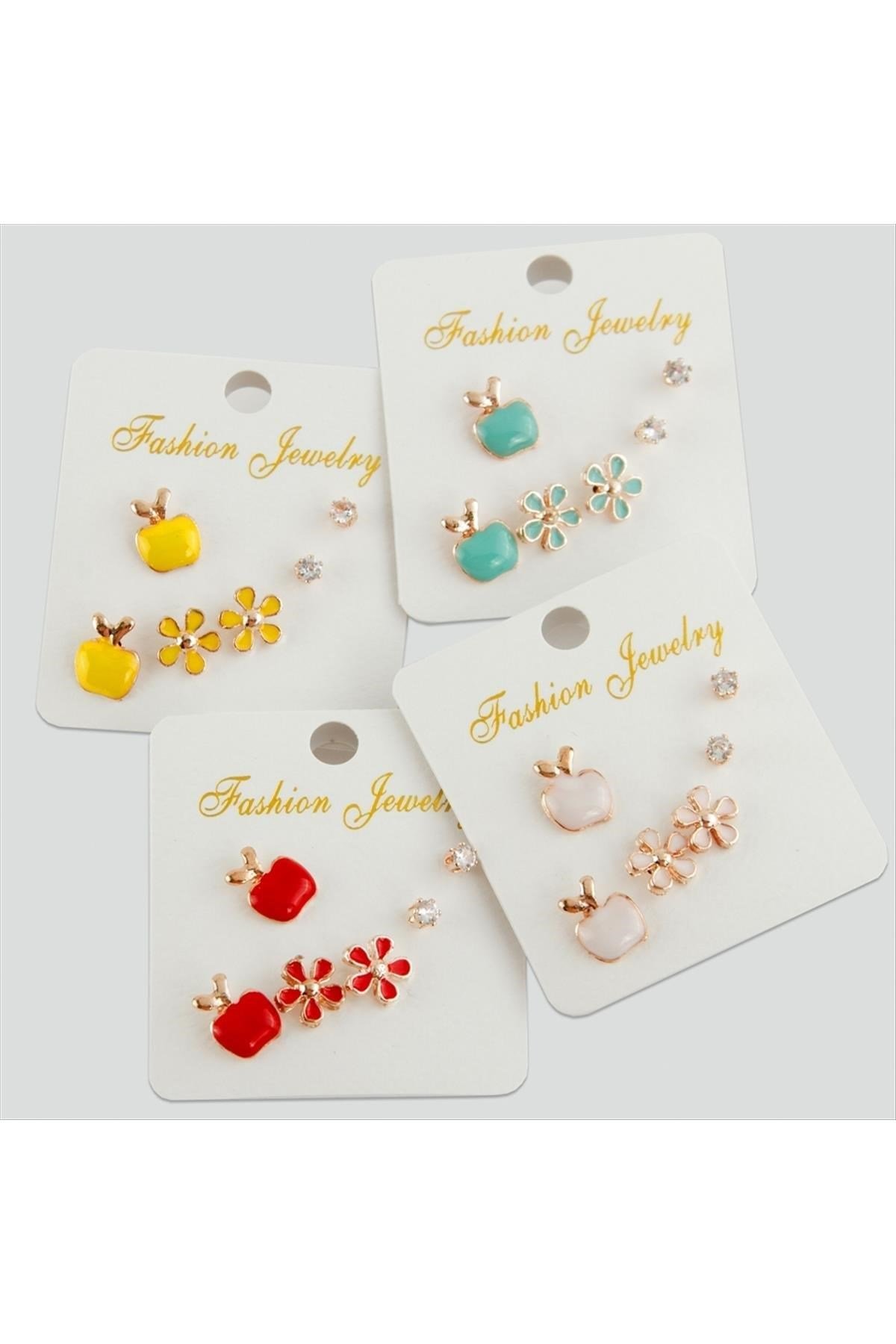 6 Adet Elma Figürlü Taşlı Mineli Küpe